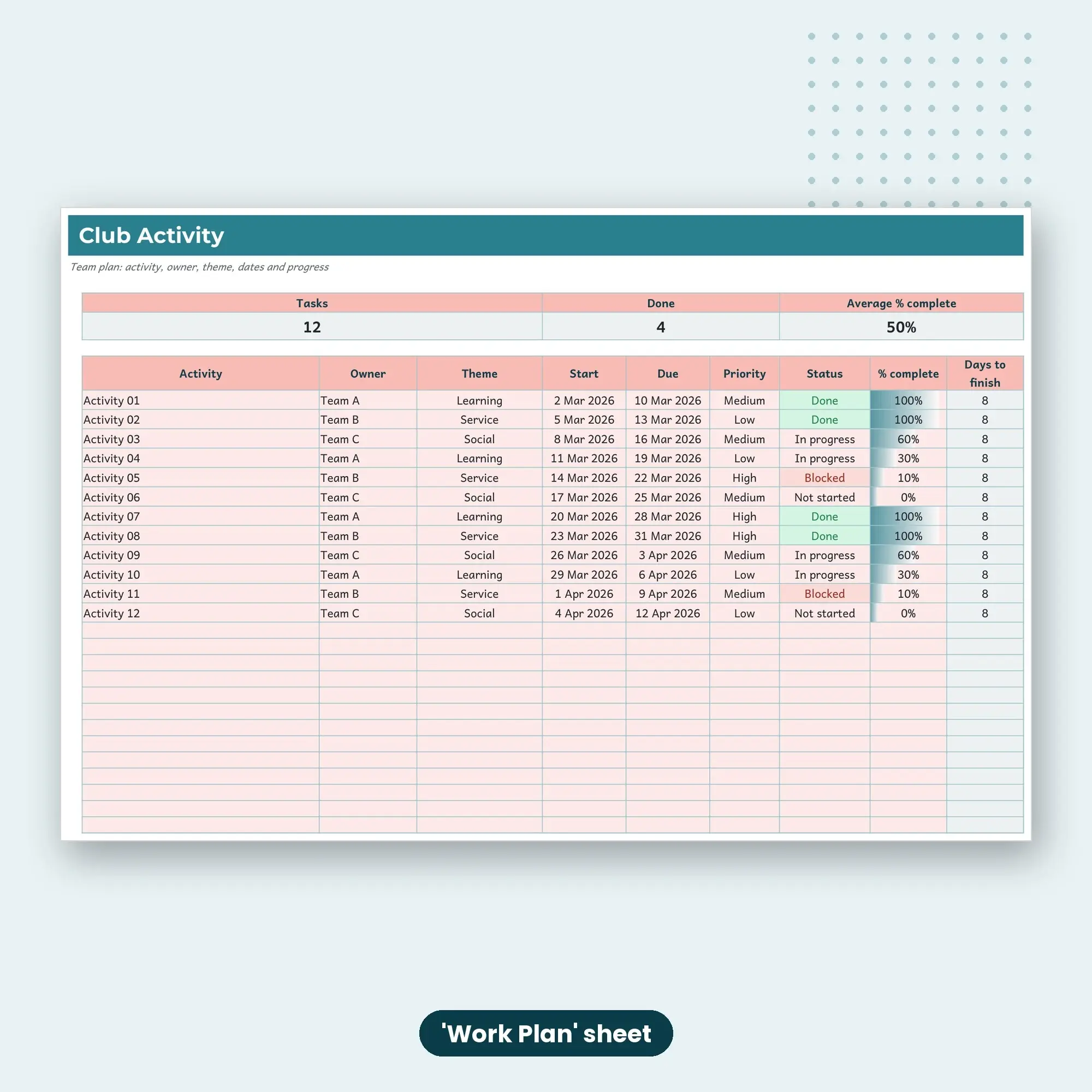Club Activity Spreadsheet, Team 50-Row Tracker (ODS), preview 2 of 2