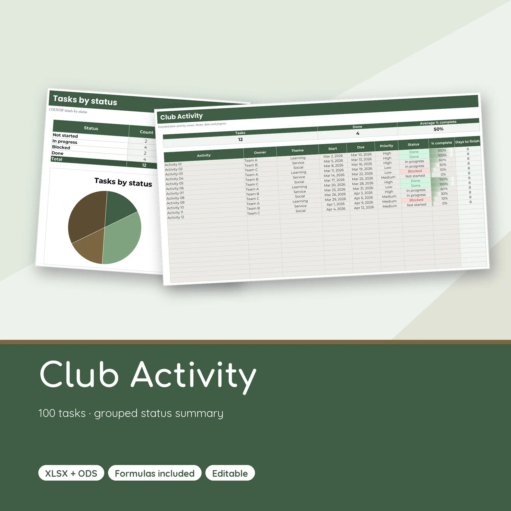 Club Activity Spreadsheet, Extended 100-Row Tracker (XLSX + ODS) preview