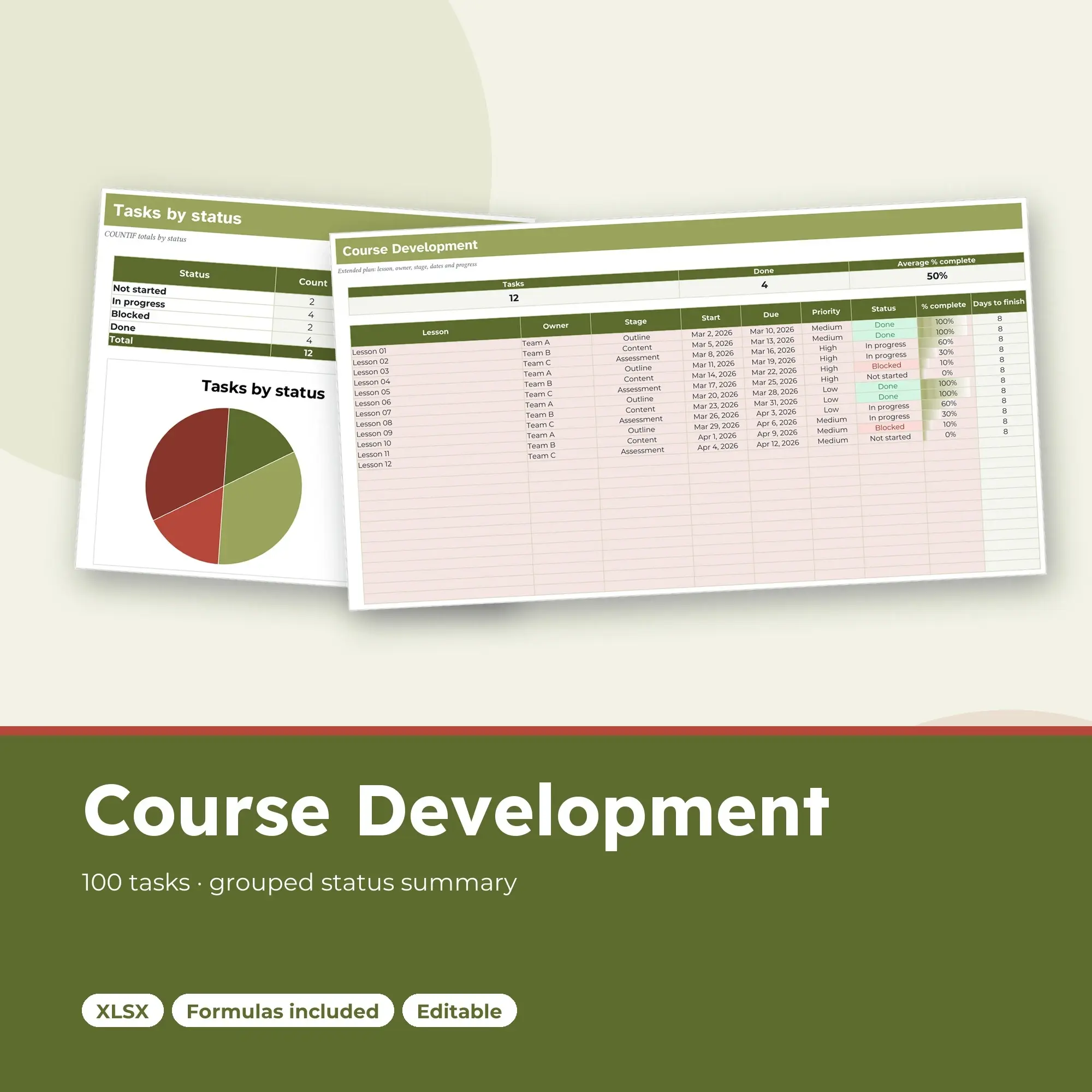 Course Development Spreadsheet, Extended 100-Row Tracker (XLSX) preview