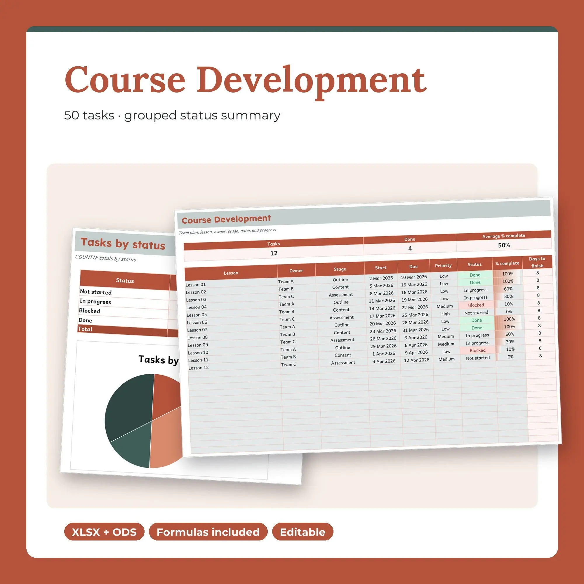 Course Development Spreadsheet, Team 50-Row Tracker (XLSX + ODS), preview 1 of 2