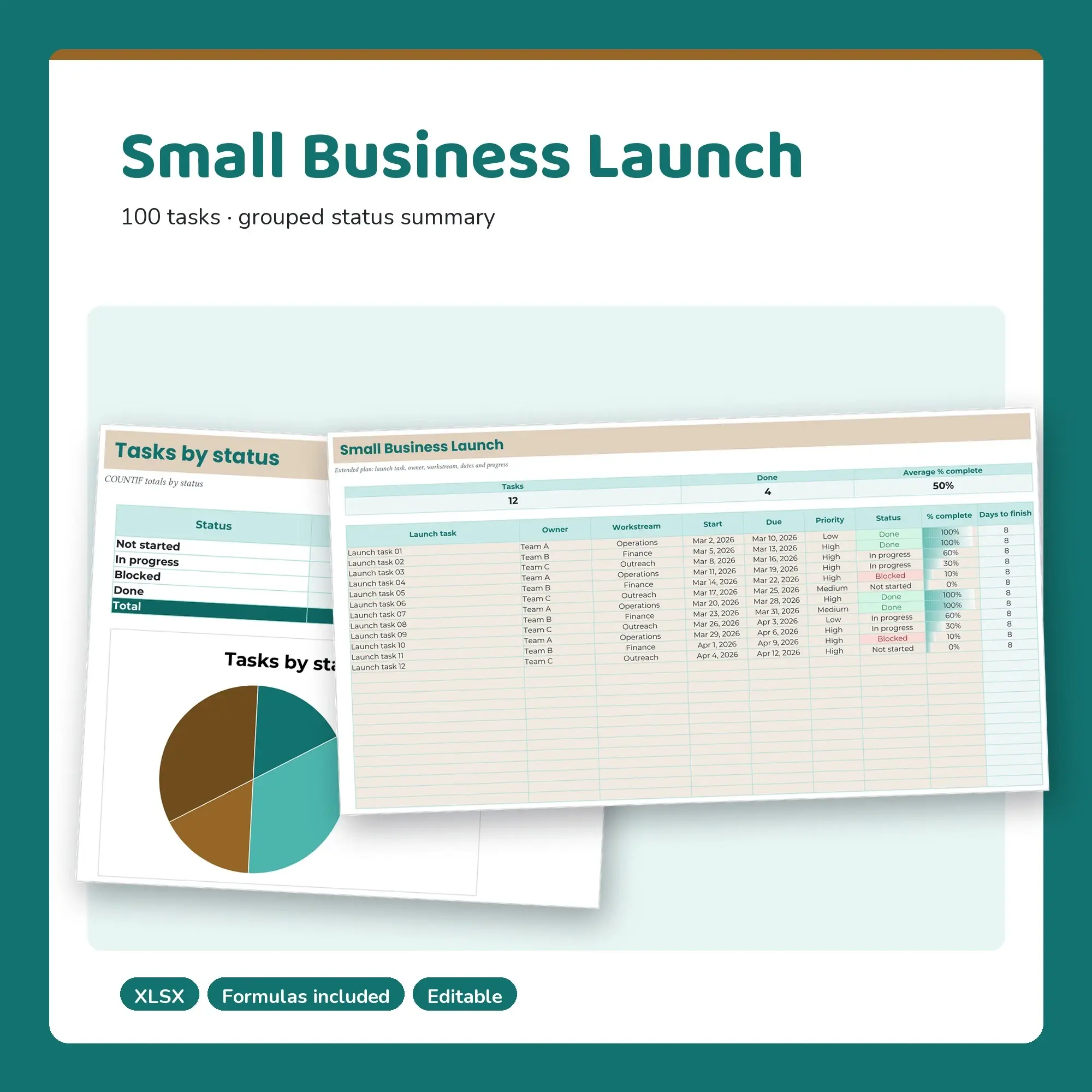 Small Business Launch Spreadsheet, Extended 100-Row Tracker (XLSX) preview