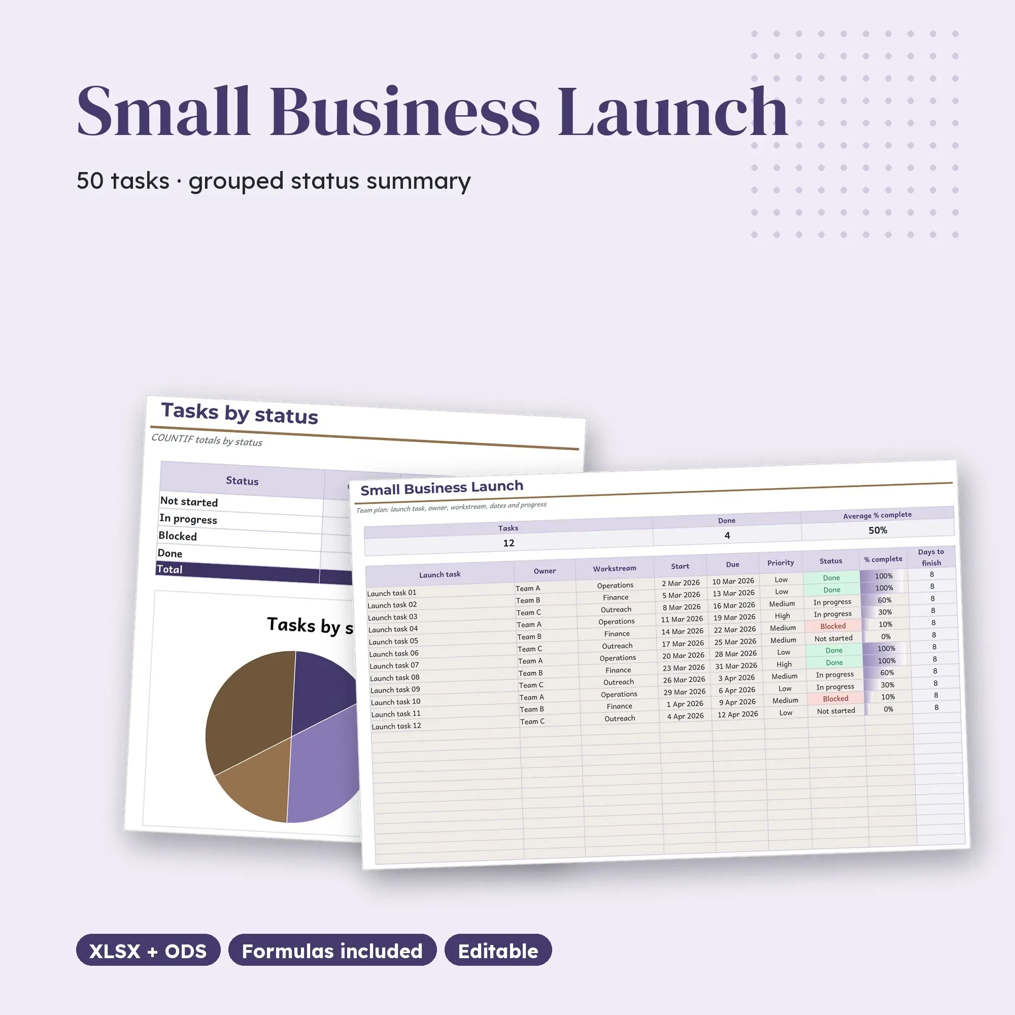 Small Business Launch Spreadsheet, Team 50-Row Tracker (XLSX + ODS) preview