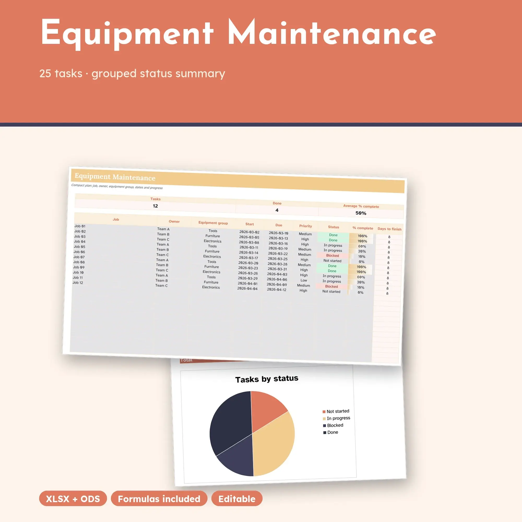 Equipment Maintenance Spreadsheet, Compact 25-Row Tracker (XLSX + ODS) preview