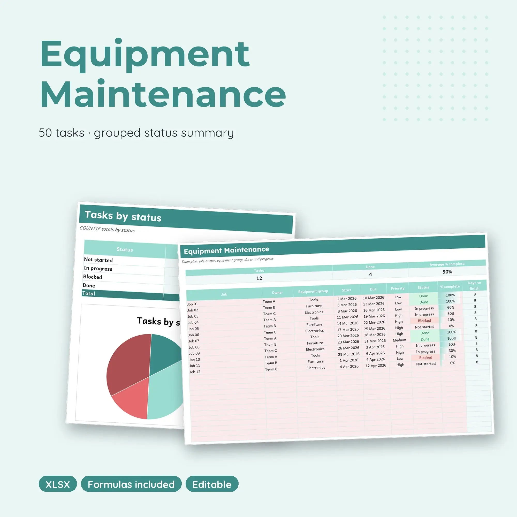 Equipment Maintenance Spreadsheet, Team 50-Row Tracker (XLSX) preview