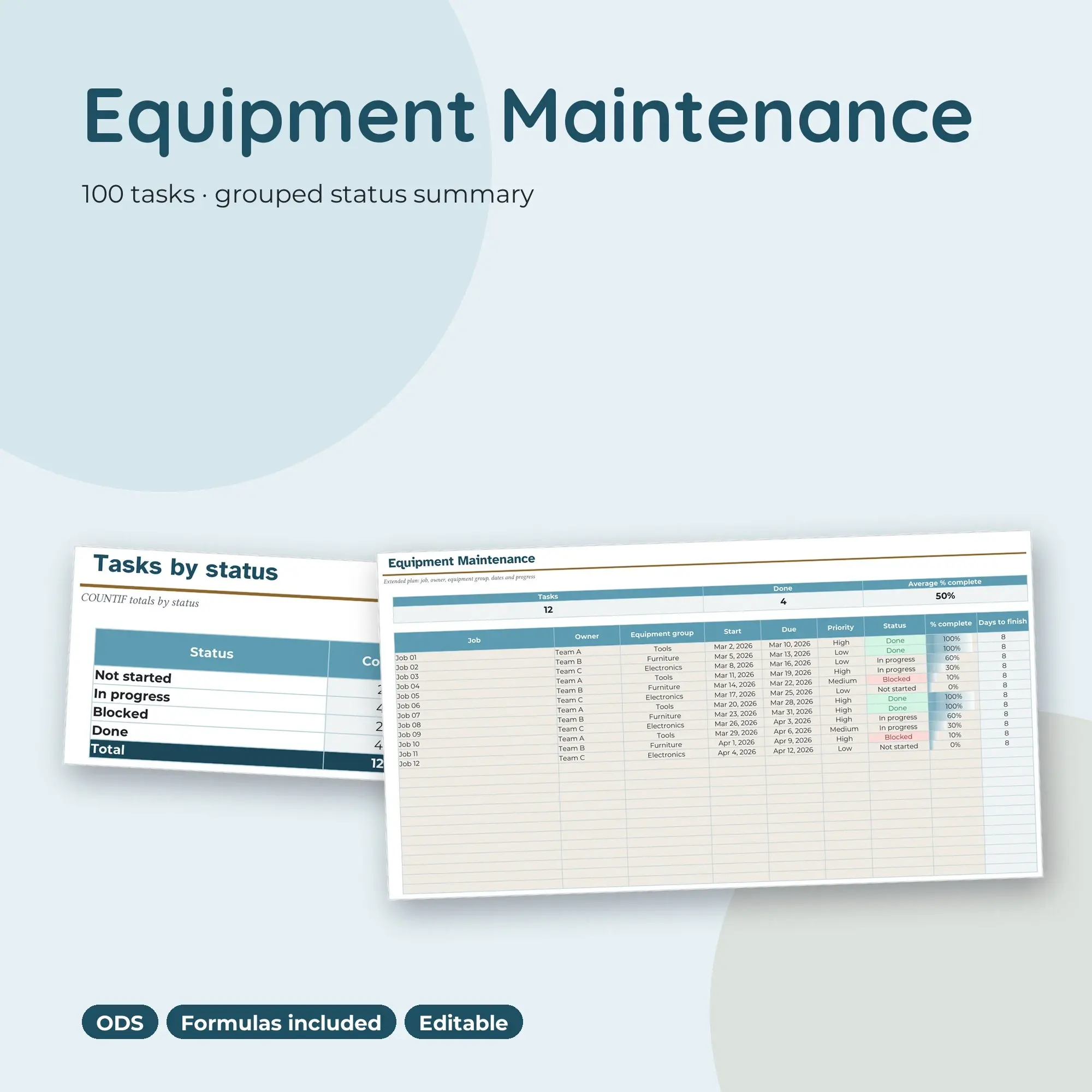 Equipment Maintenance Spreadsheet, Extended 100-Row Tracker (ODS) preview