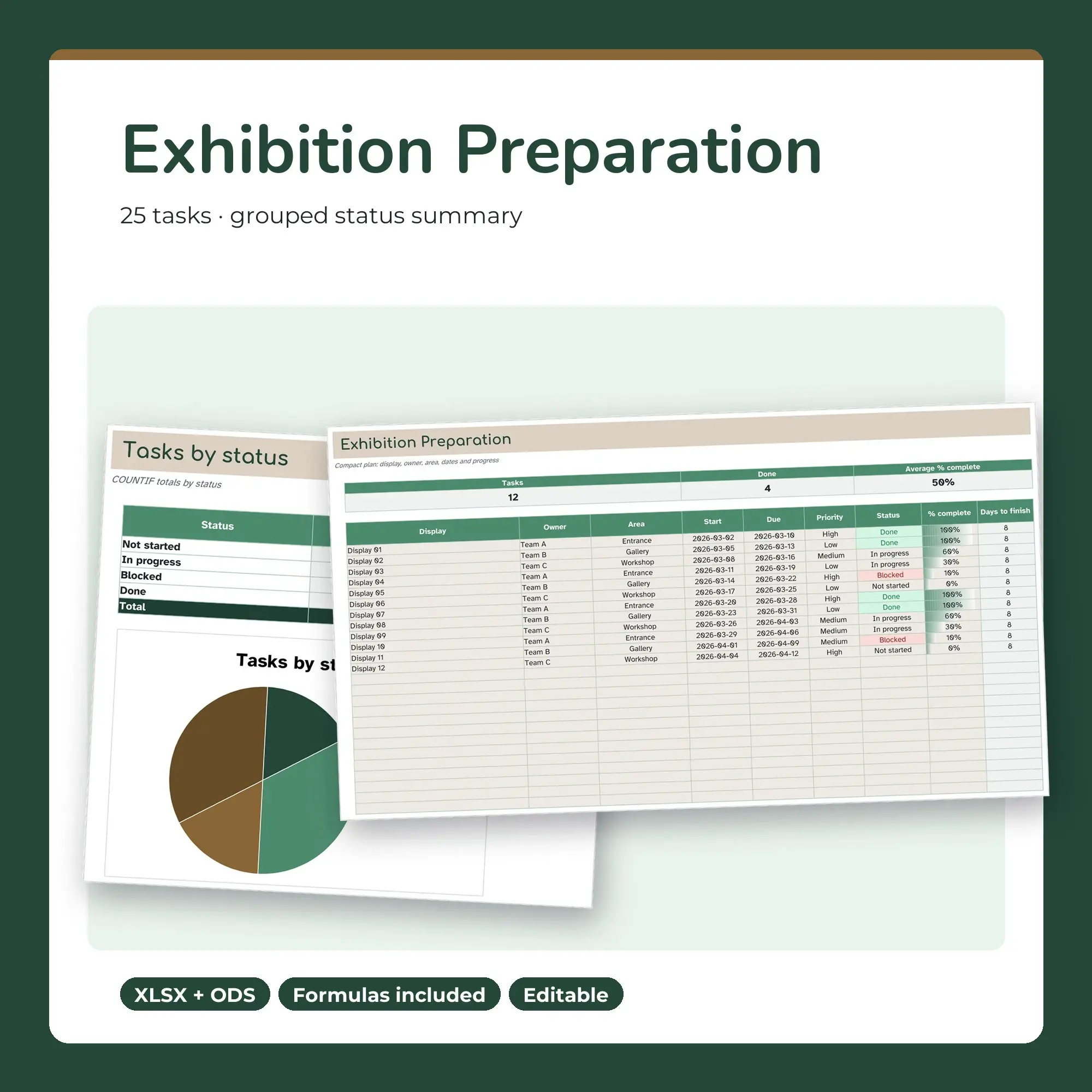 Exhibition Preparation Spreadsheet, Compact 25-Row Tracker (XLSX + ODS) preview