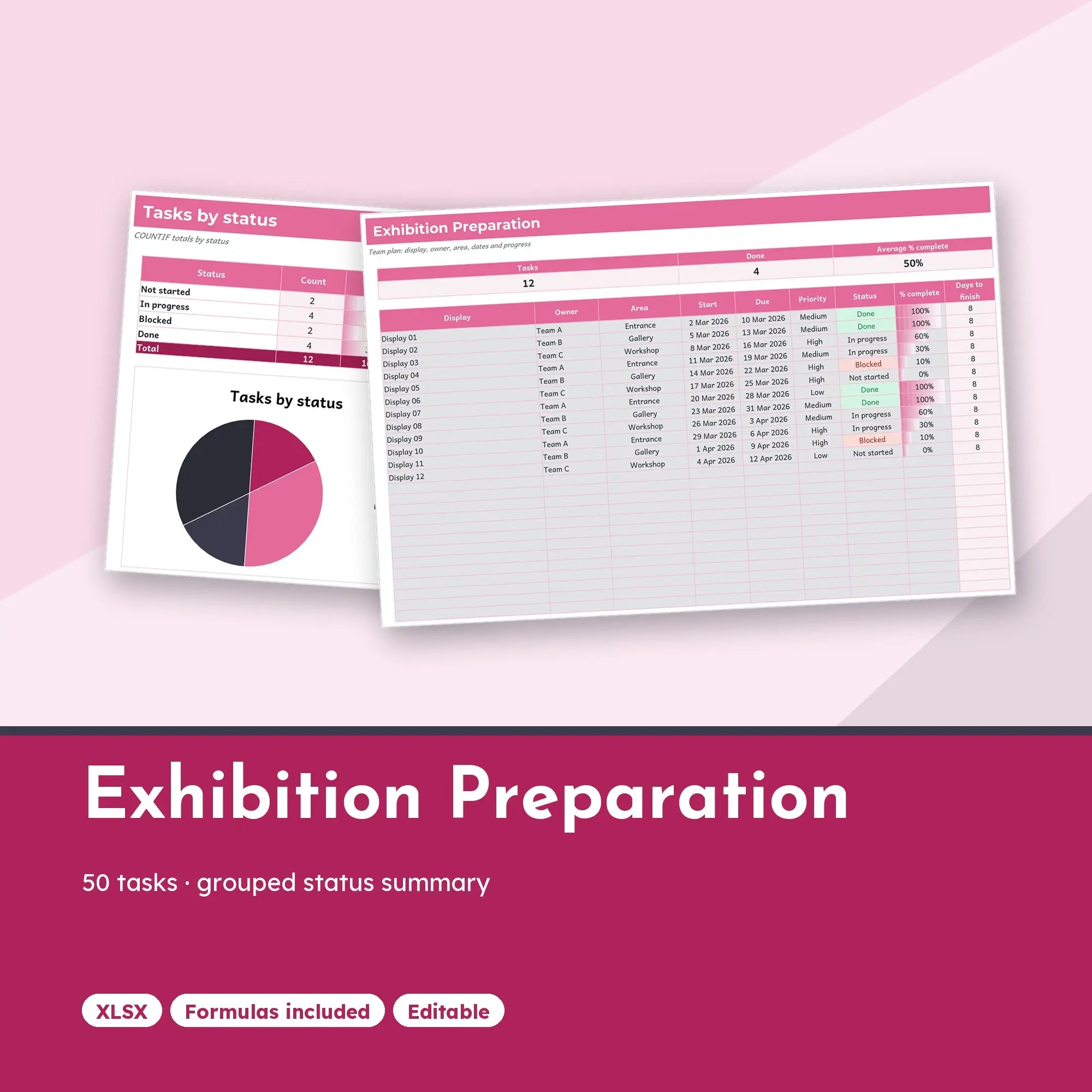 Exhibition Preparation Spreadsheet, Team 50-Row Tracker (XLSX) preview