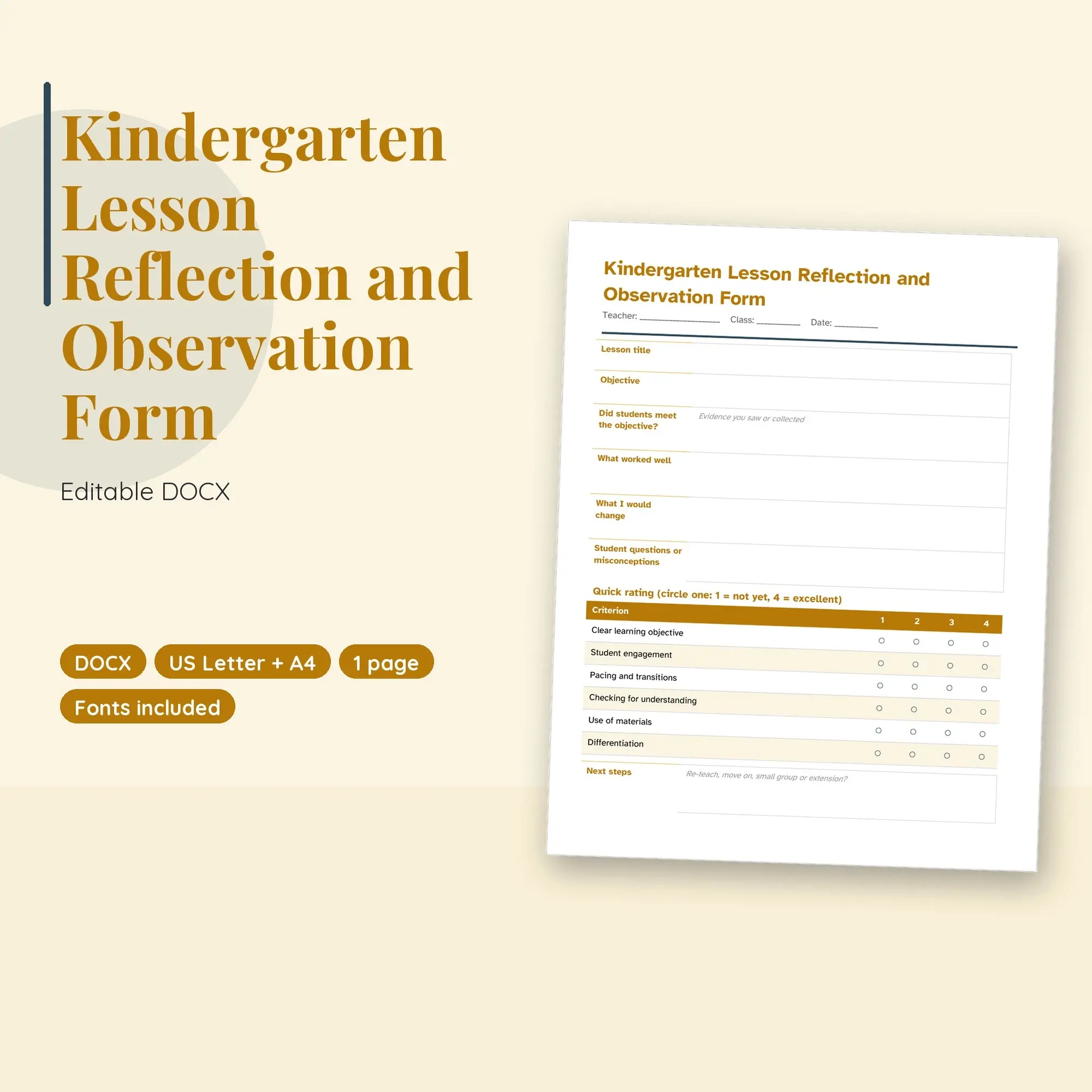 Kindergarten Lesson Reflection and Observation Form Template (DOCX) preview