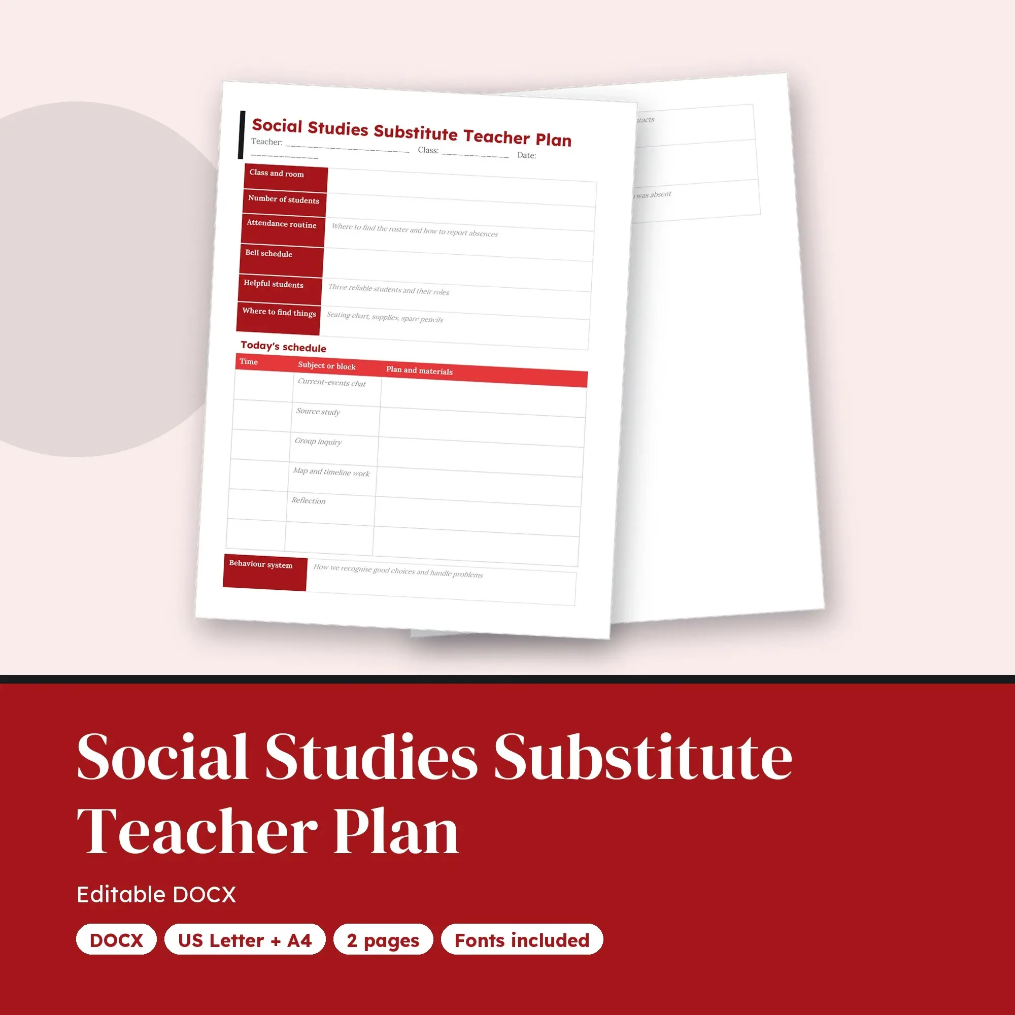 Social Studies Substitute Teacher Plan Template (DOCX) preview