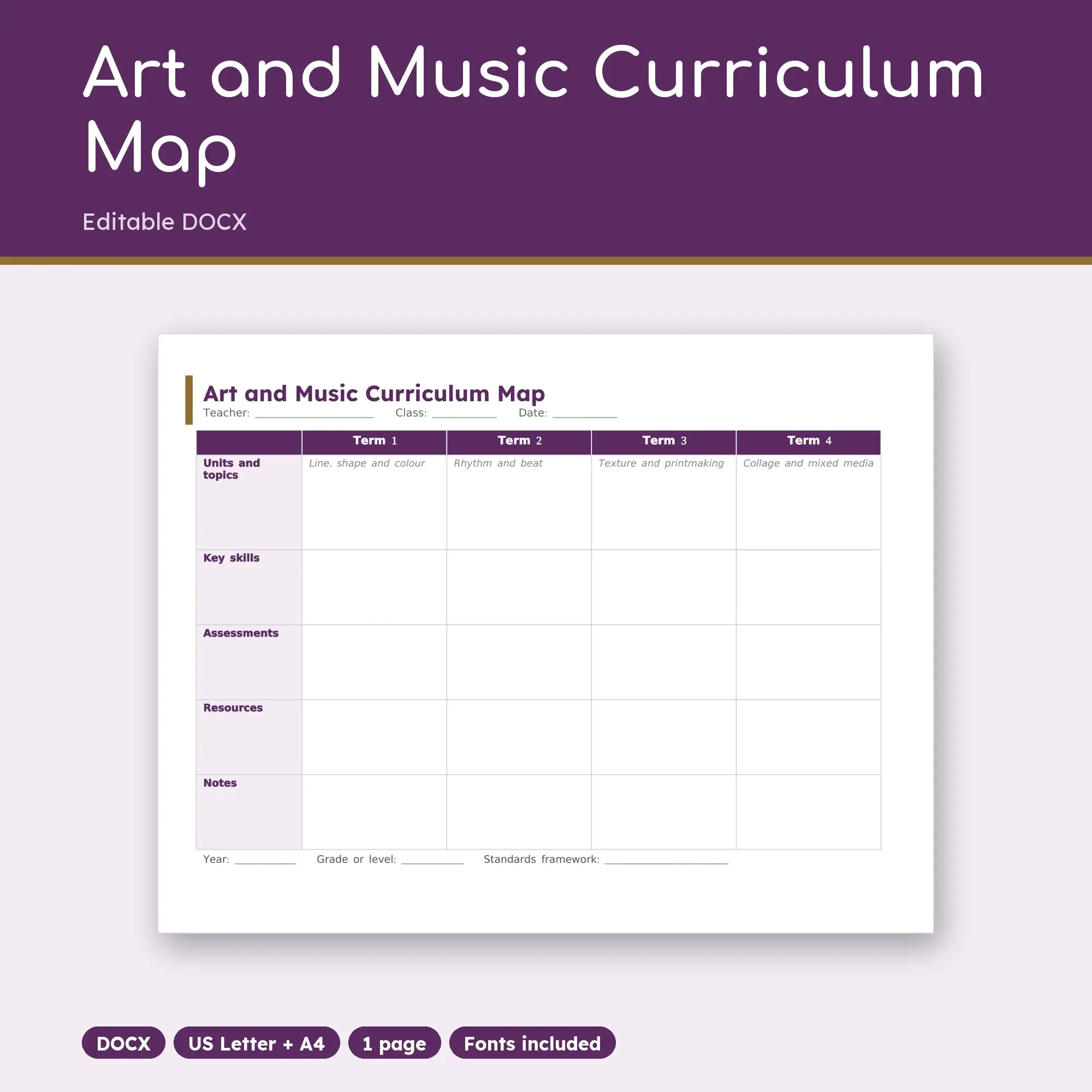 Art and Music Curriculum Map Template (DOCX) preview