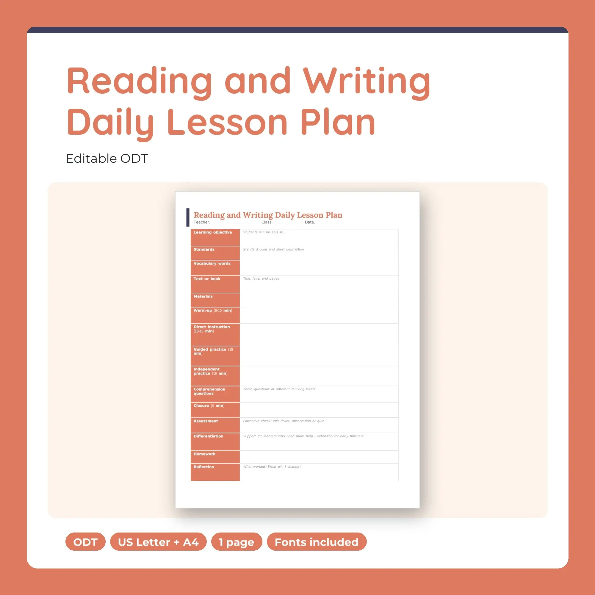 Reading and Writing Daily Lesson Plan Template (ODT) preview