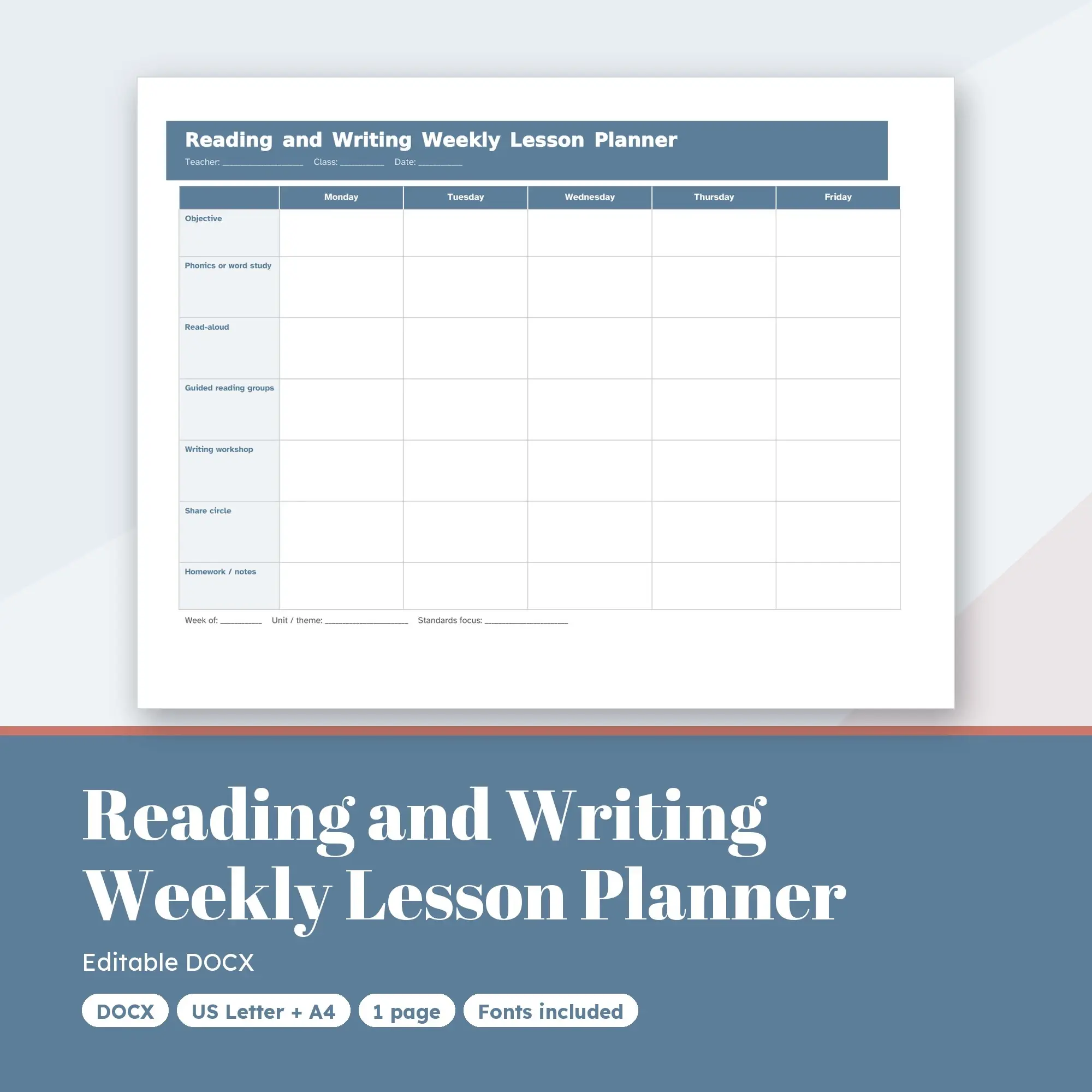 Reading and Writing Weekly Lesson Planner Template (DOCX) preview