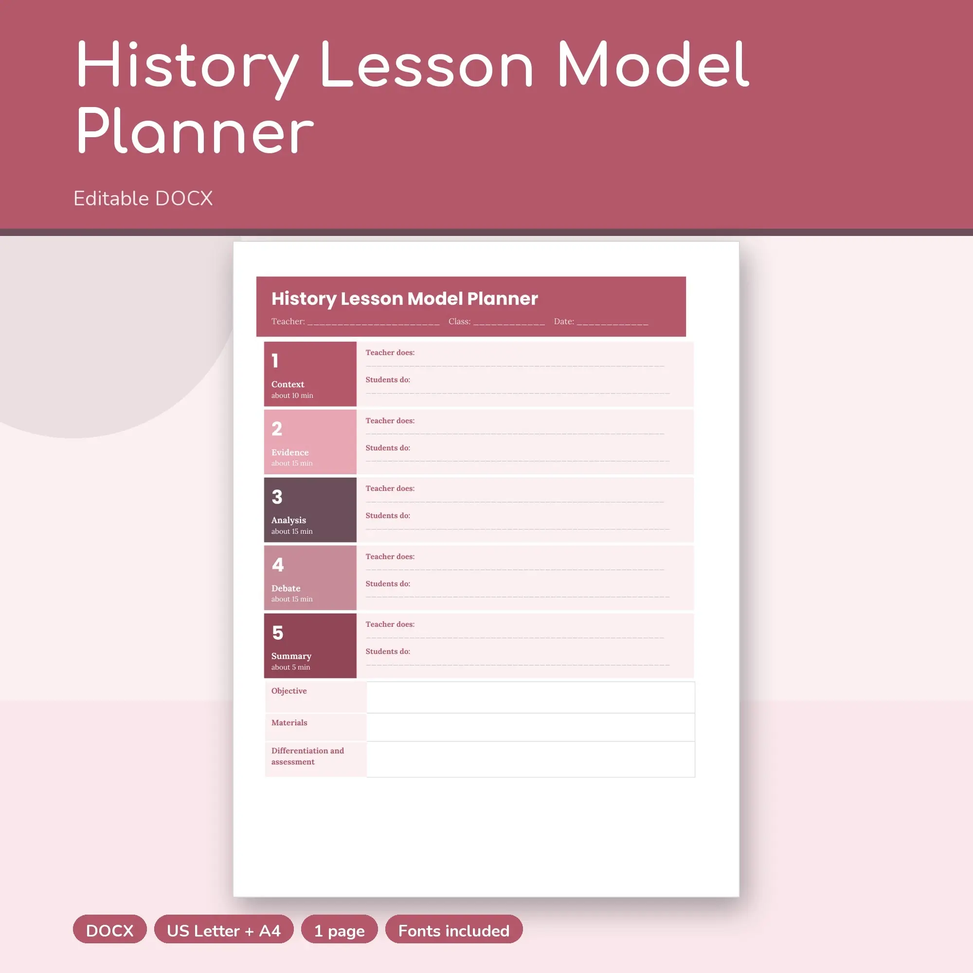 History Lesson Model Planner Template (DOCX) preview