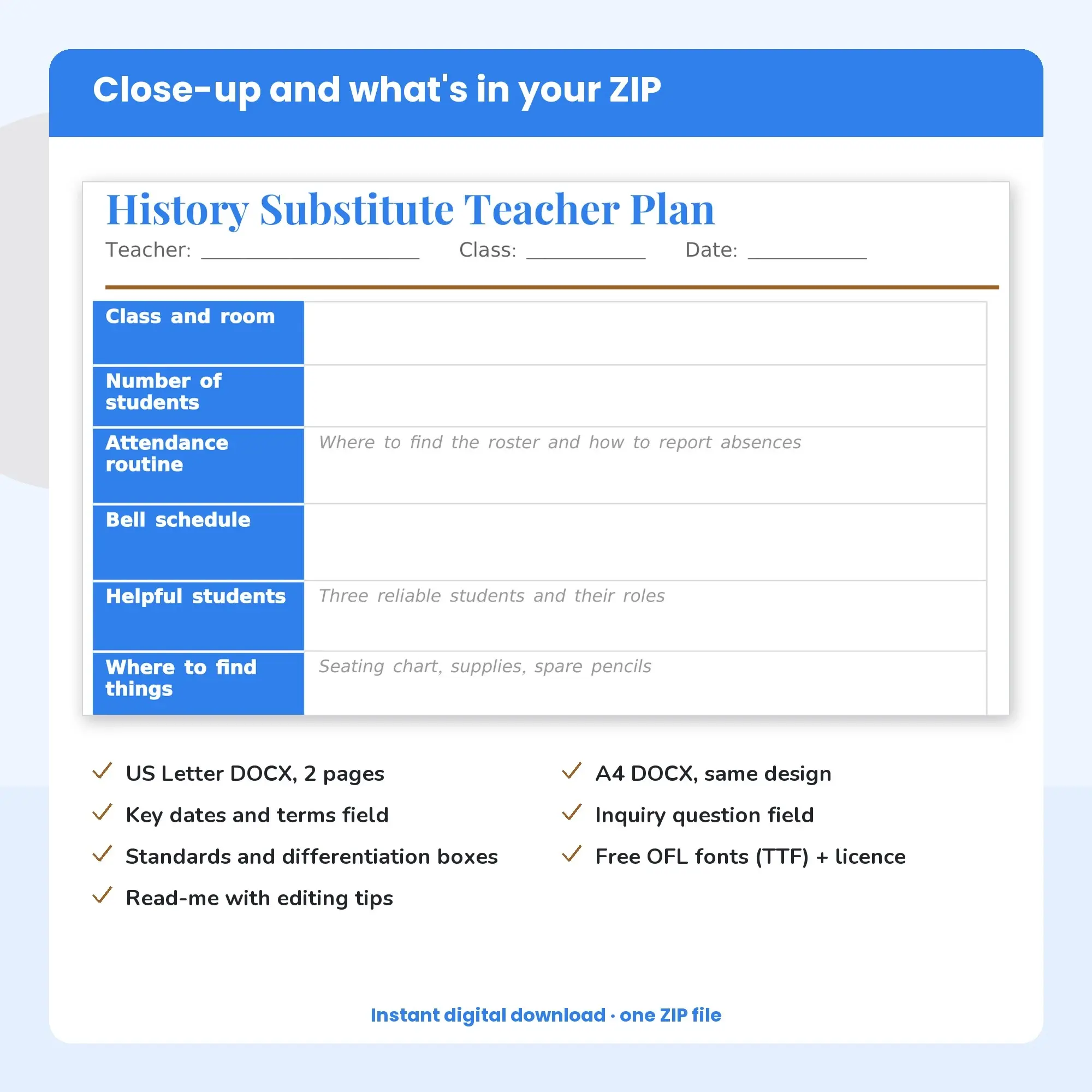 History Substitute Teacher Plan Template (DOCX), preview 2 of 2