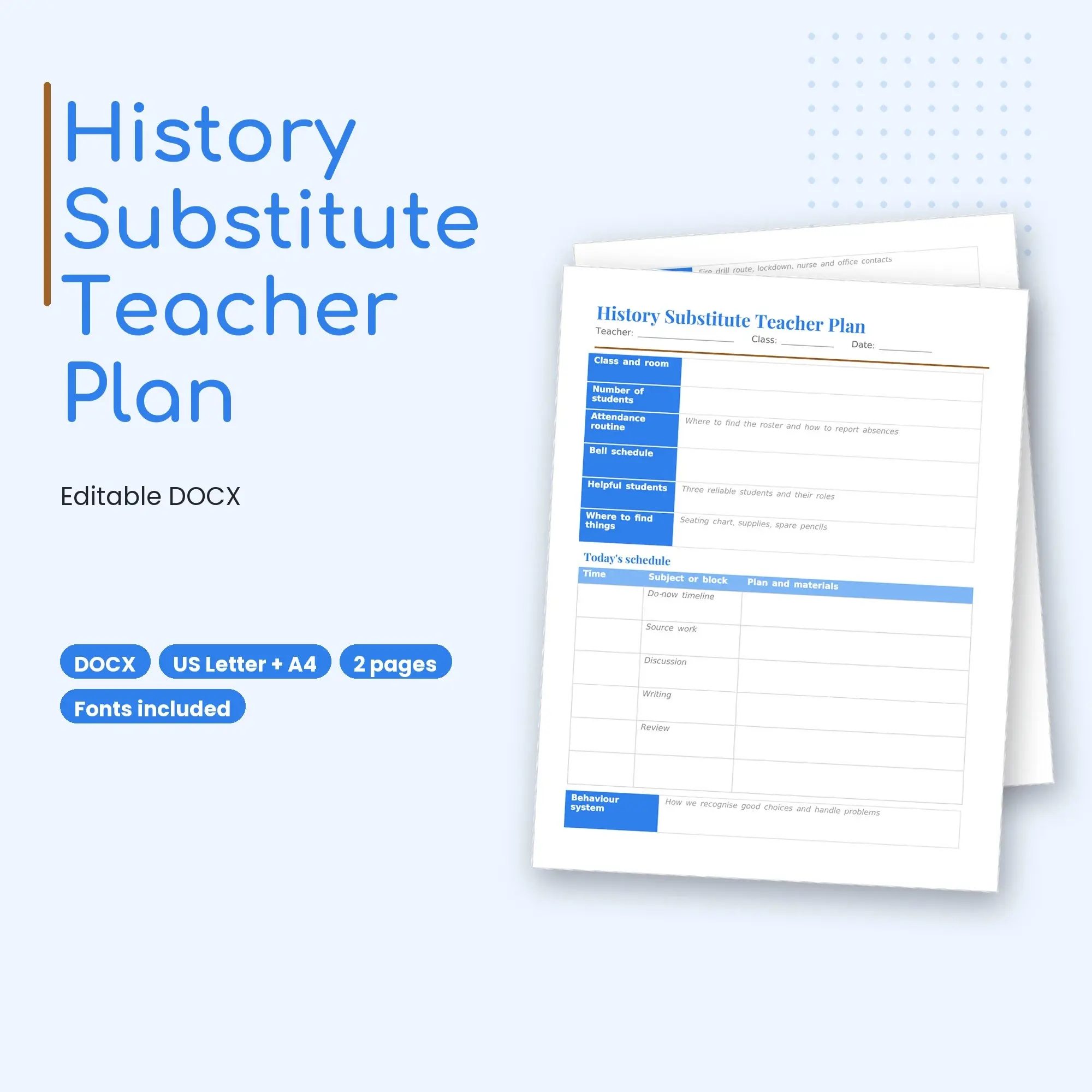 History Substitute Teacher Plan Template (DOCX), preview 1 of 2