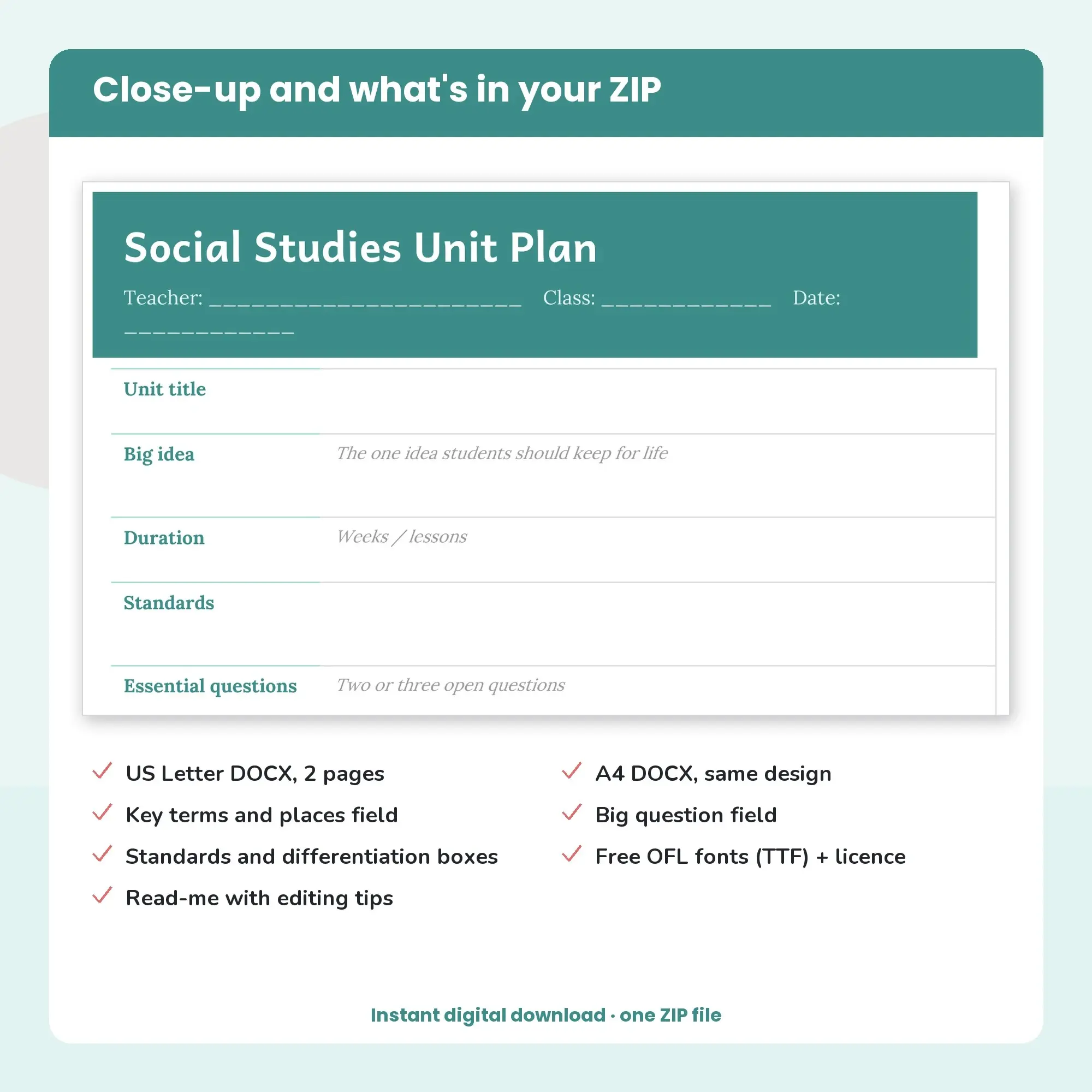 Social Studies Unit Plan Template (DOCX), preview 2 of 2