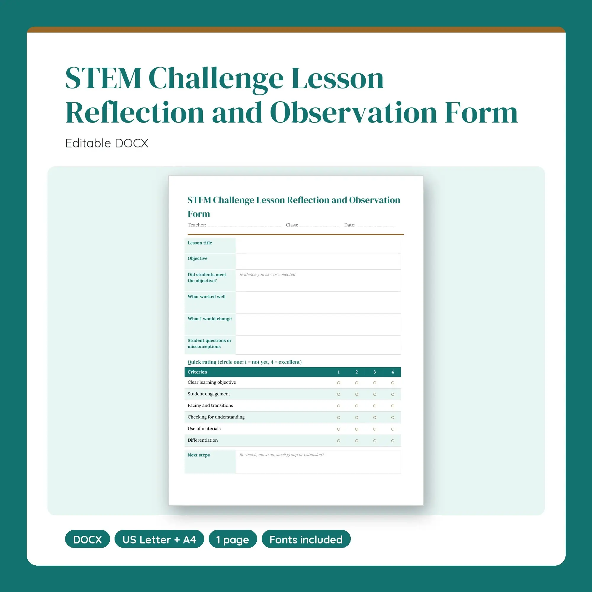 STEM Challenge Lesson Reflection and Observation Form Template (DOCX) preview