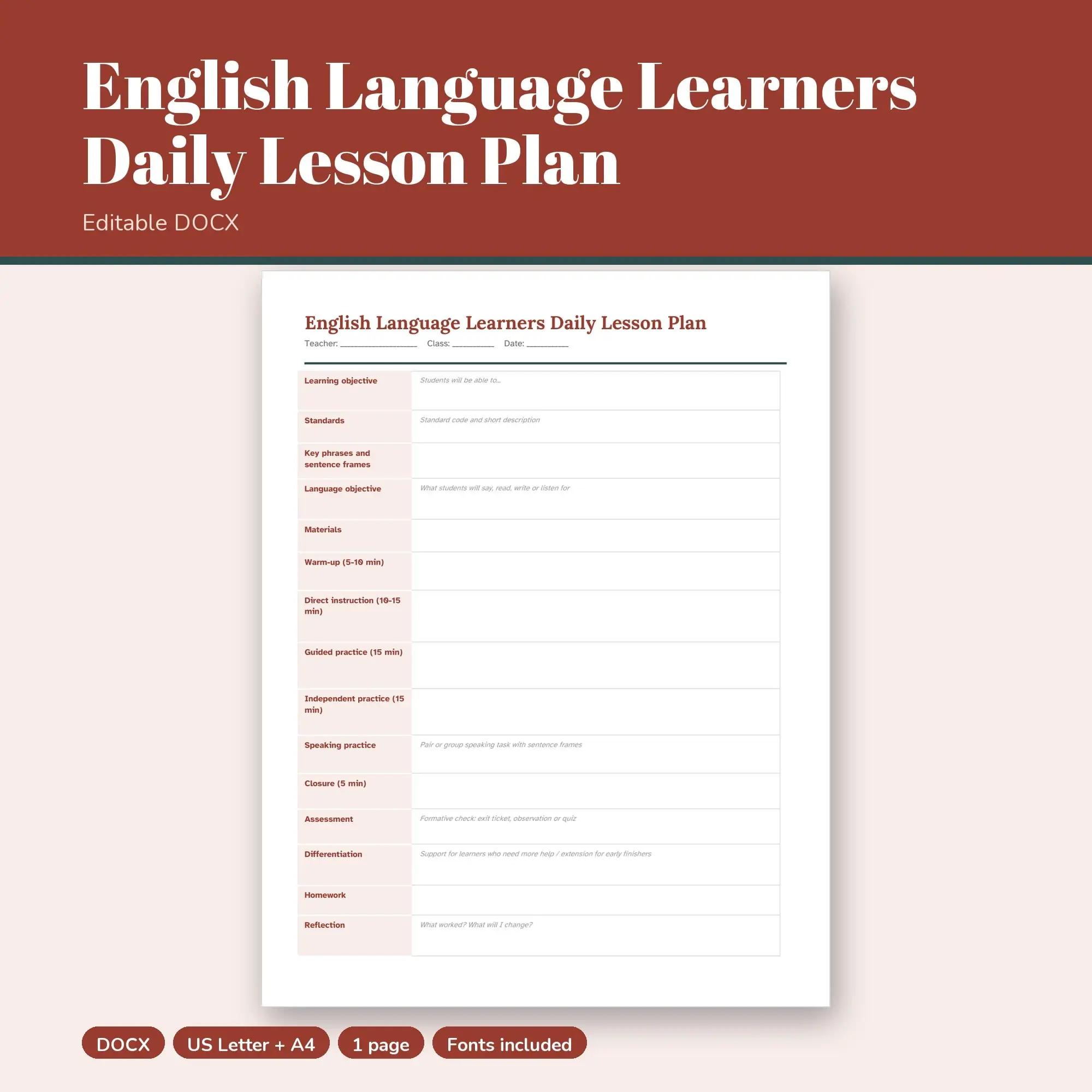 English Language Learners Daily Lesson Plan Template (DOCX) preview