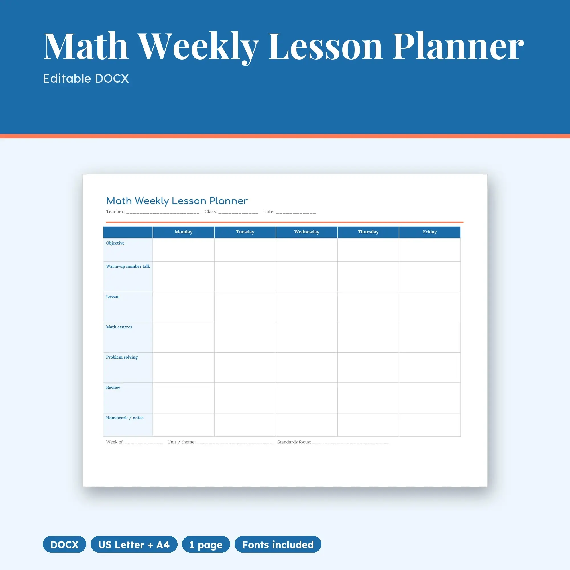 Math Weekly Lesson Planner Template (DOCX) preview