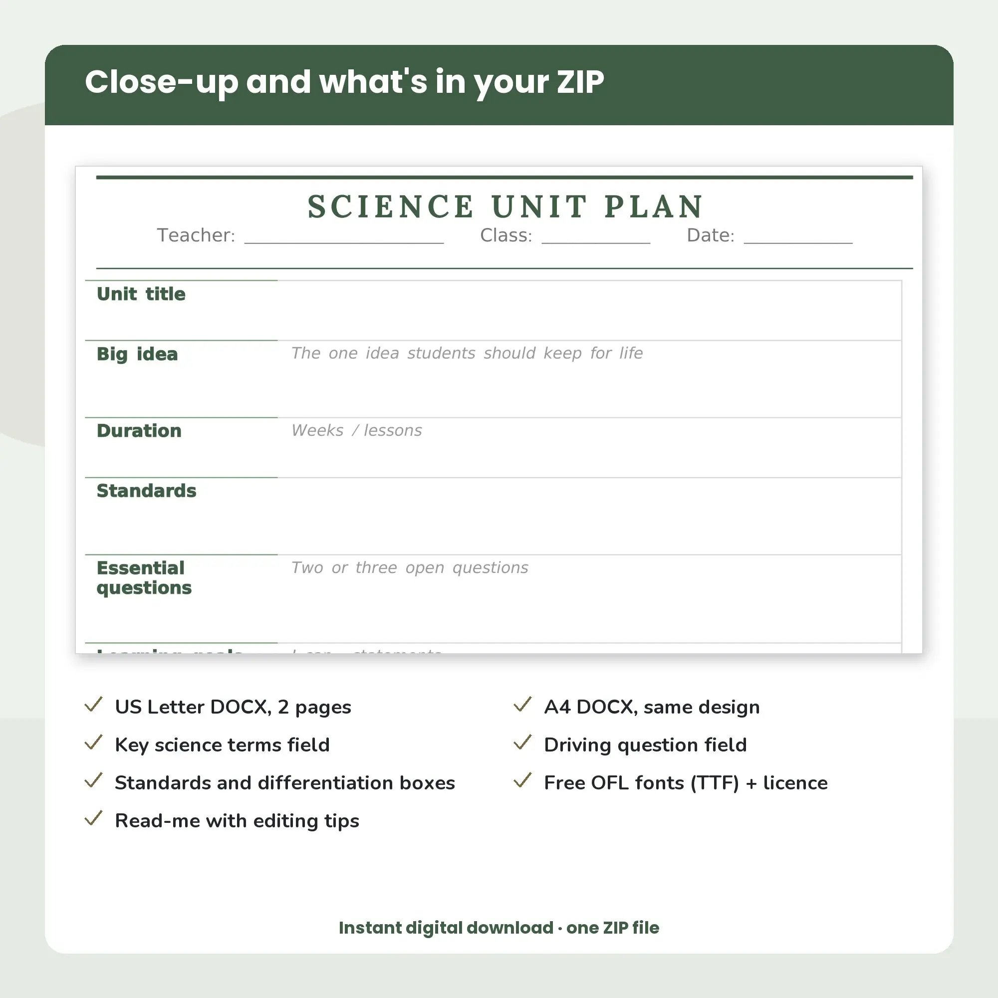 Science Unit Plan Template (DOCX), preview 2 of 2