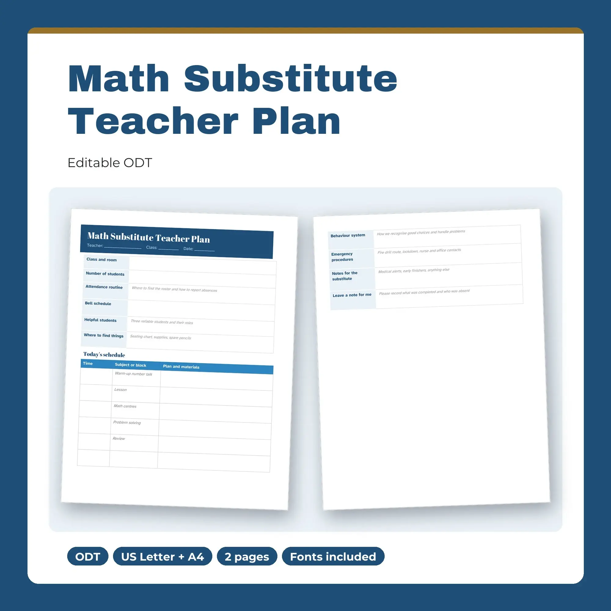 Math Substitute Teacher Plan Template (ODT) preview