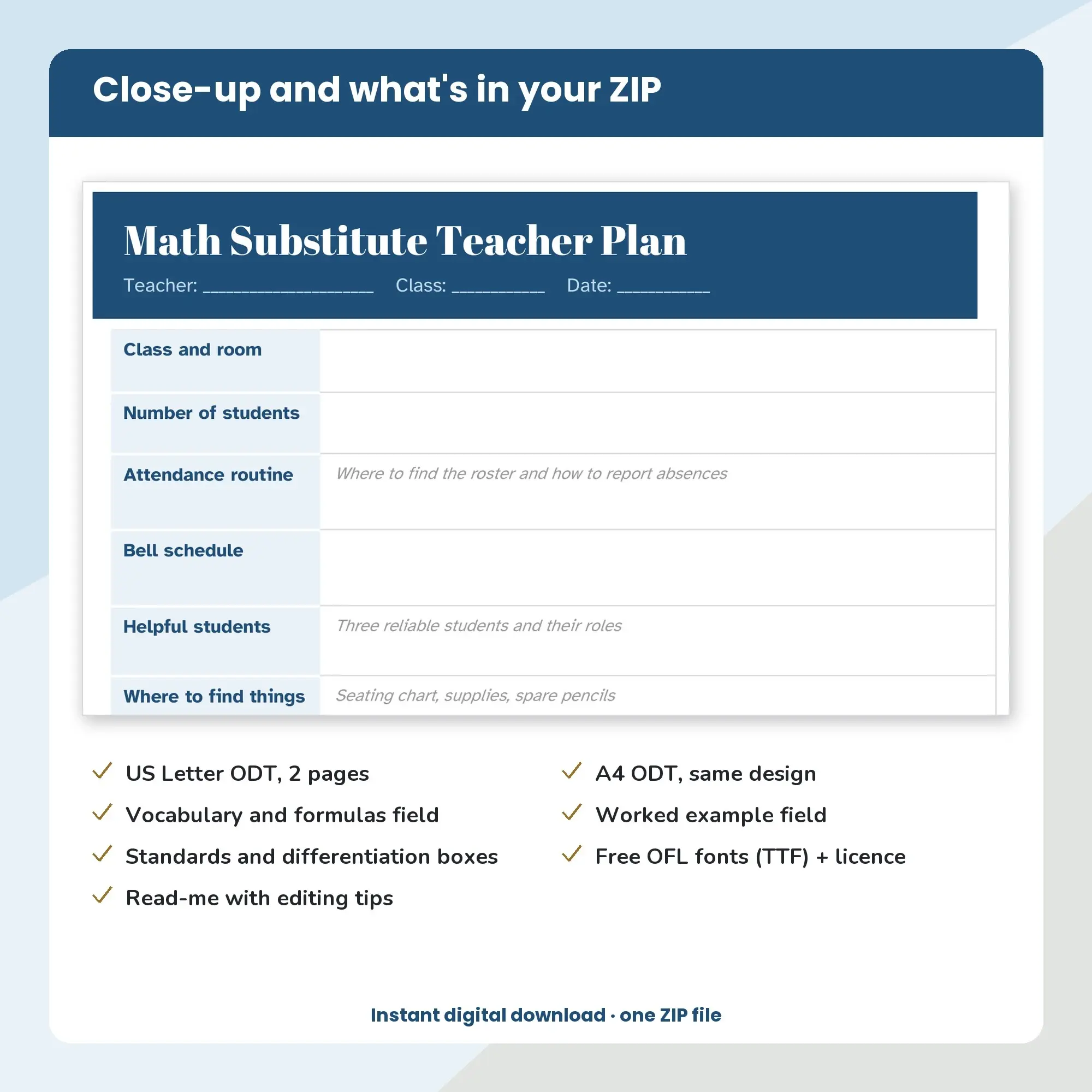 Math Substitute Teacher Plan Template (ODT), preview 2 of 2