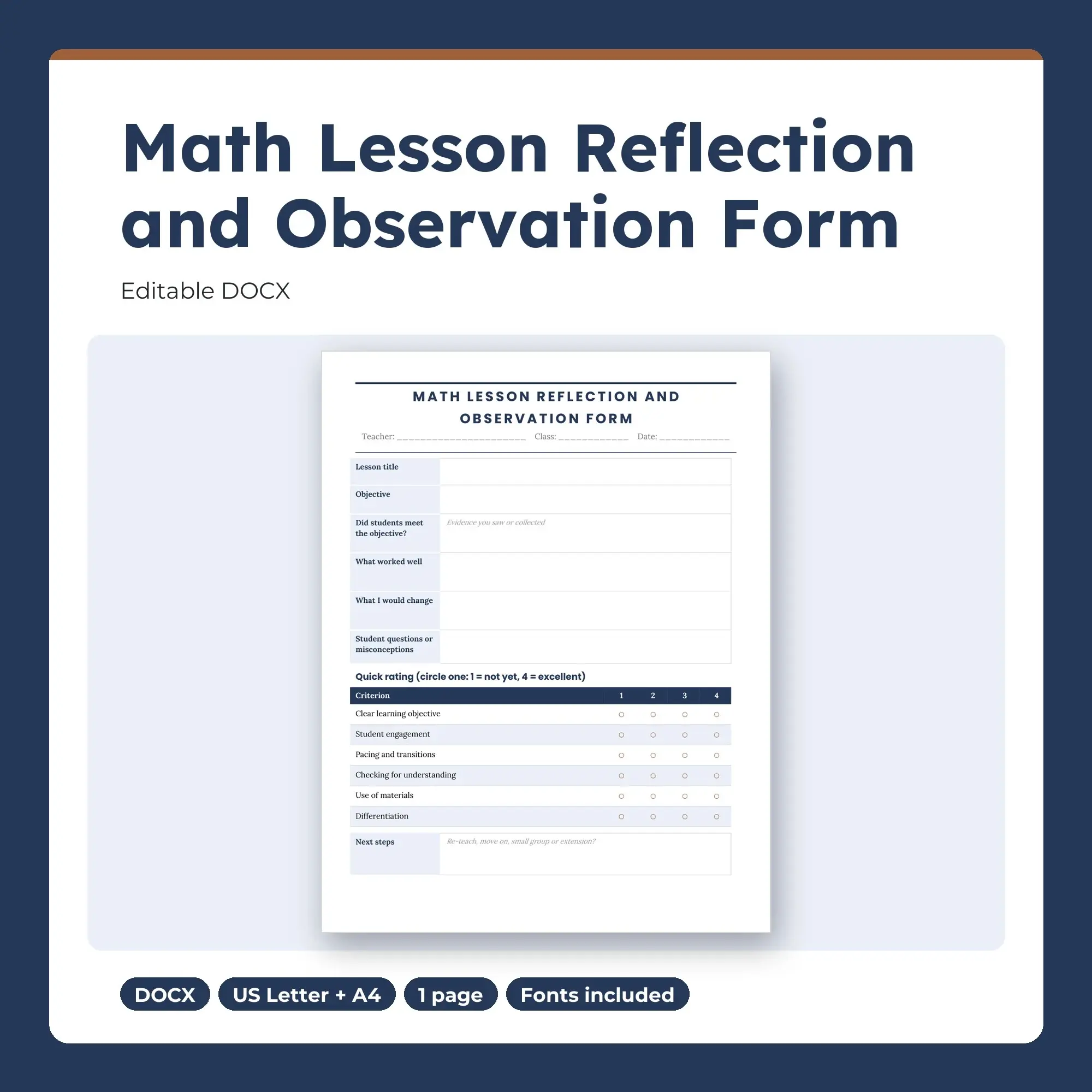 Math Lesson Reflection and Observation Form Template (DOCX) preview