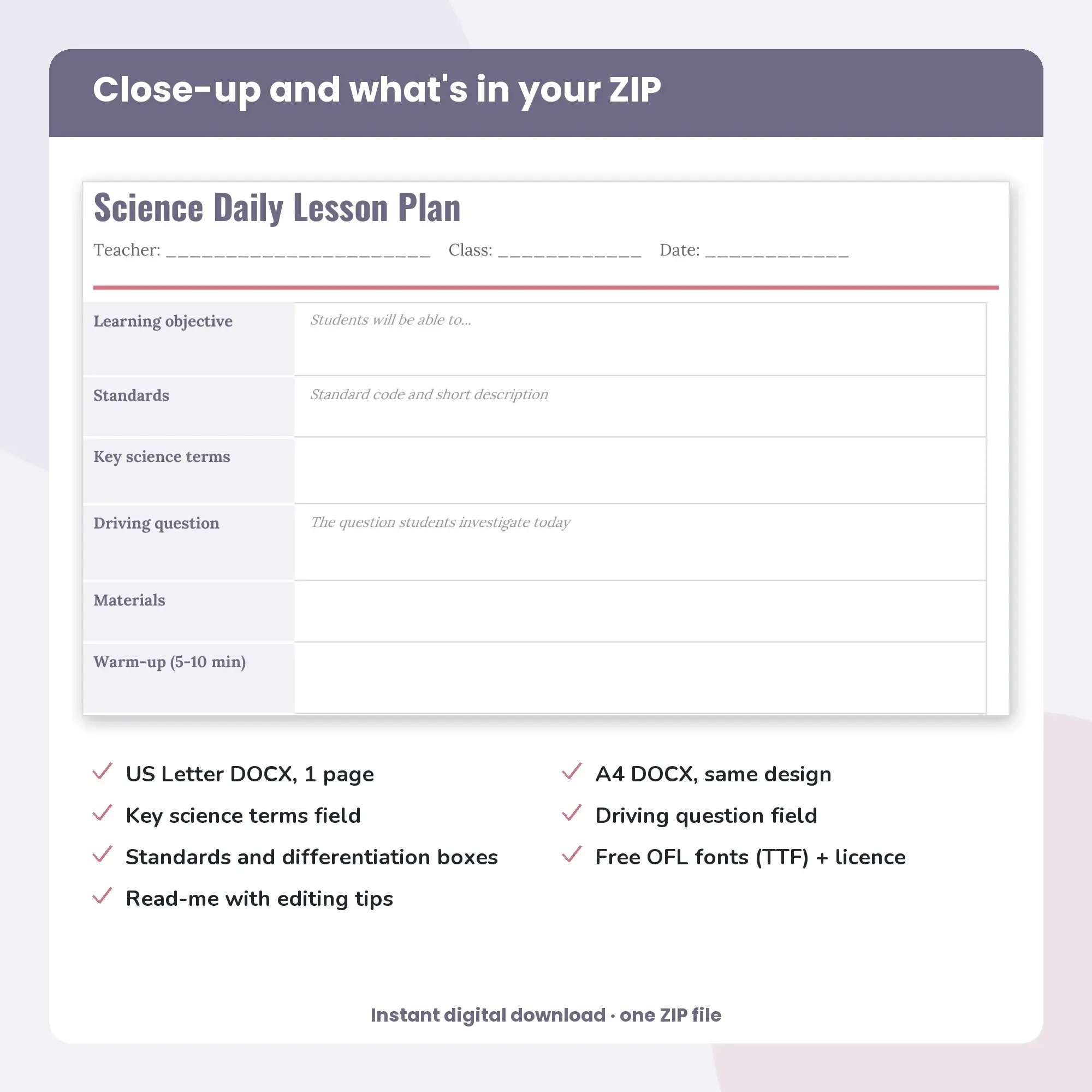 Science Daily Lesson Plan Template (DOCX), preview 2 of 2