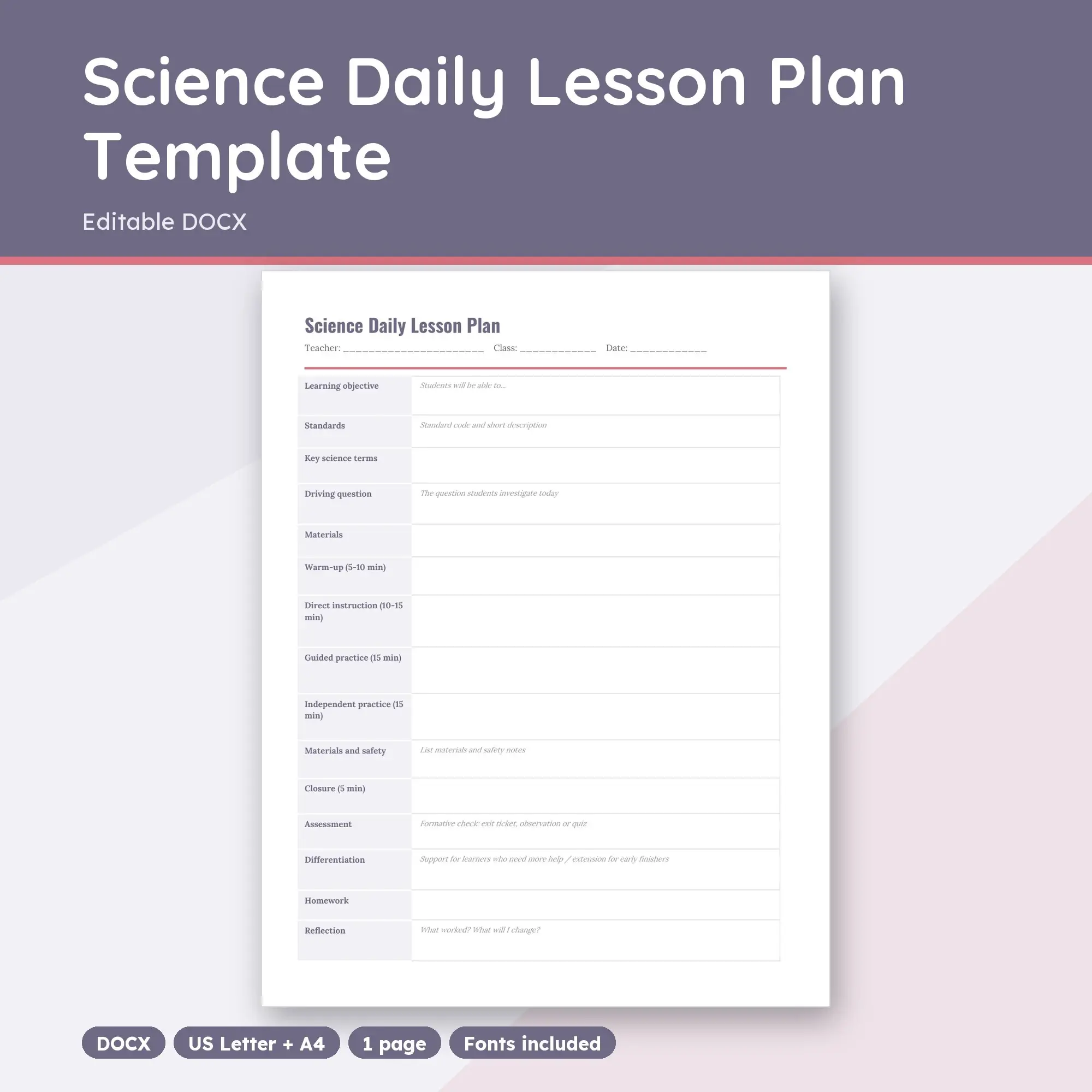 Science Daily Lesson Plan Template (DOCX), preview 1 of 2