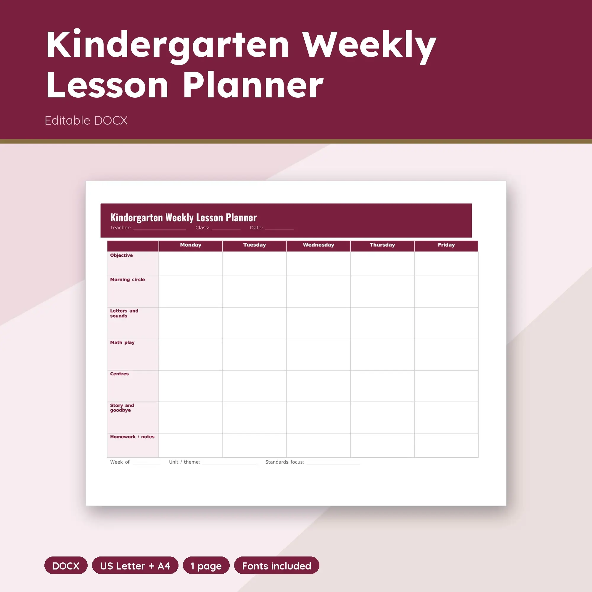 Kindergarten Weekly Lesson Planner Template (DOCX) preview