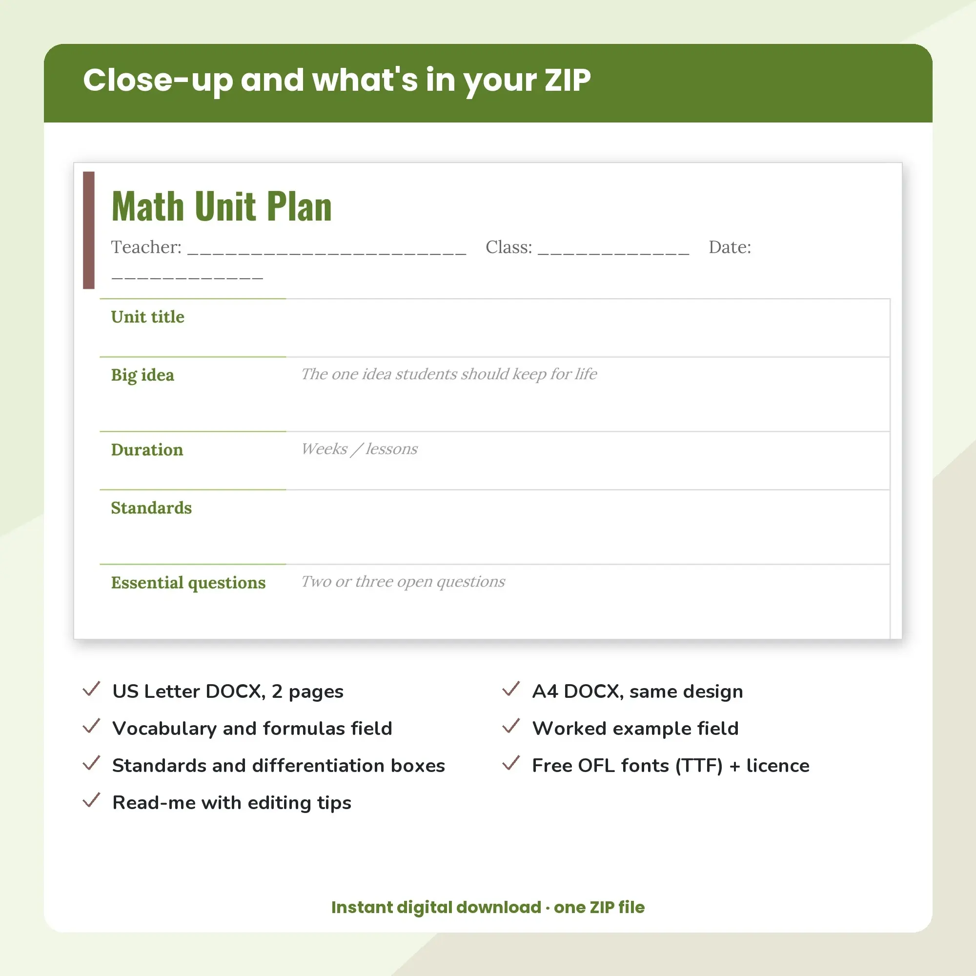 Math Unit Plan Template (DOCX), preview 2 of 2