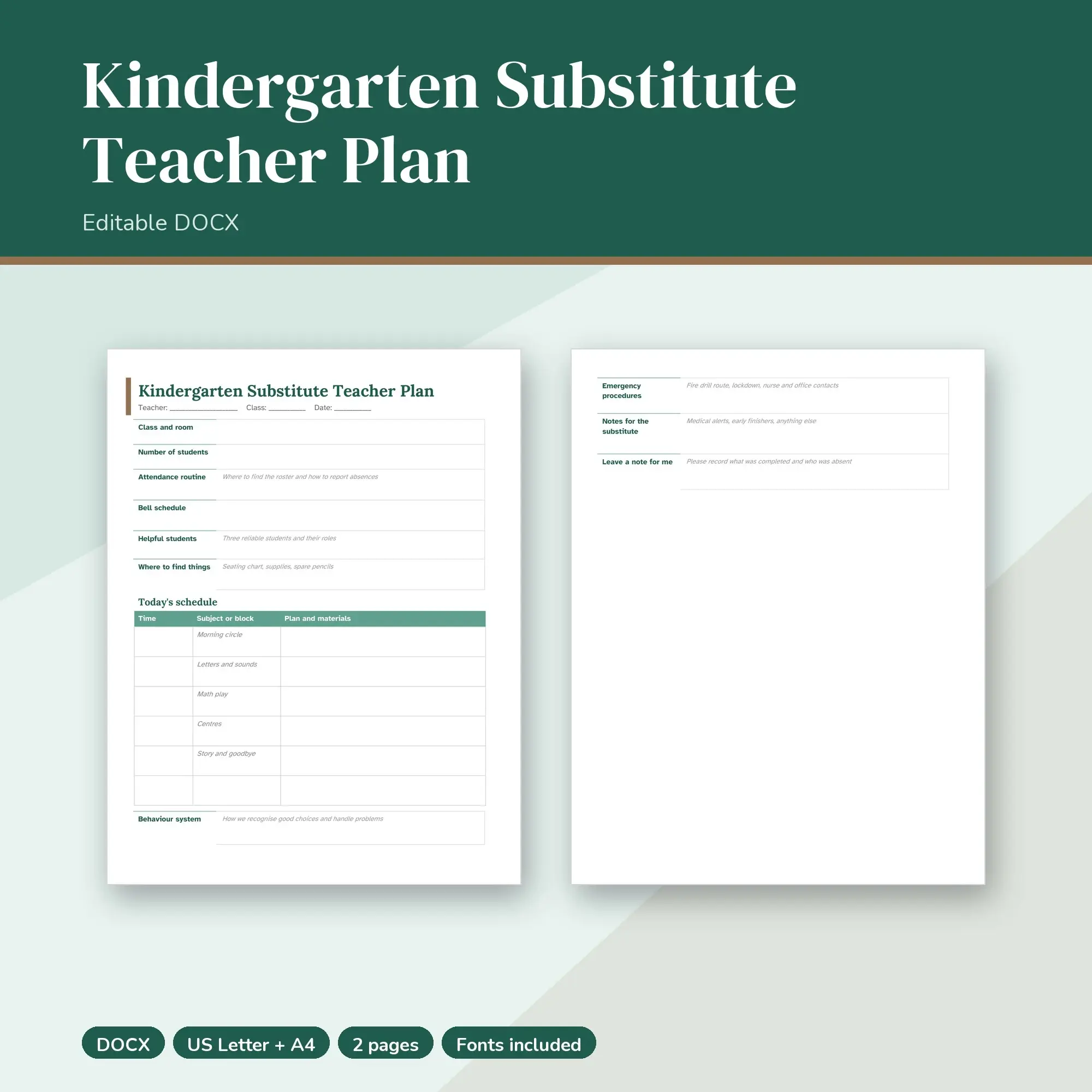 Kindergarten Substitute Teacher Plan Template (DOCX) preview