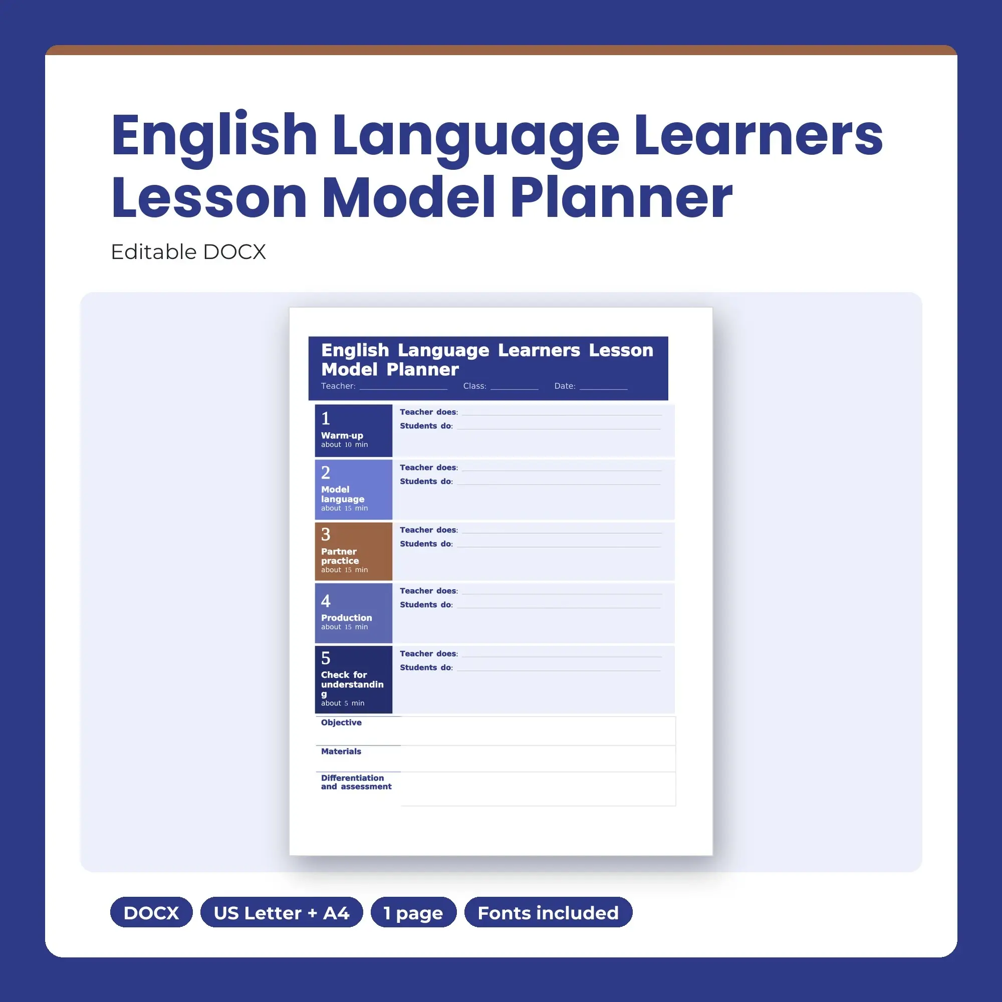 English Language Learners Lesson Model Planner Template (DOCX) preview
