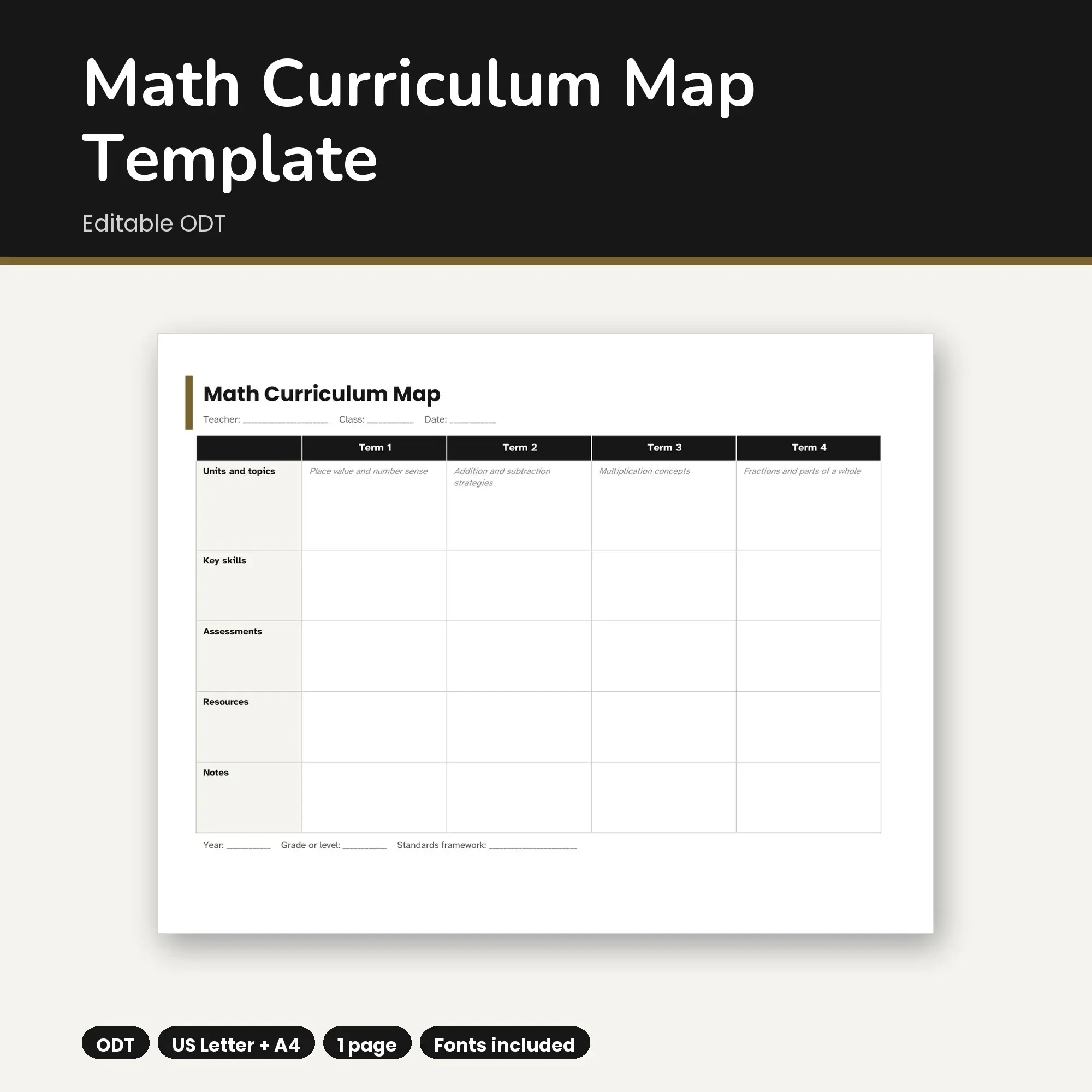 Math Curriculum Map Template (ODT), preview 1 of 2