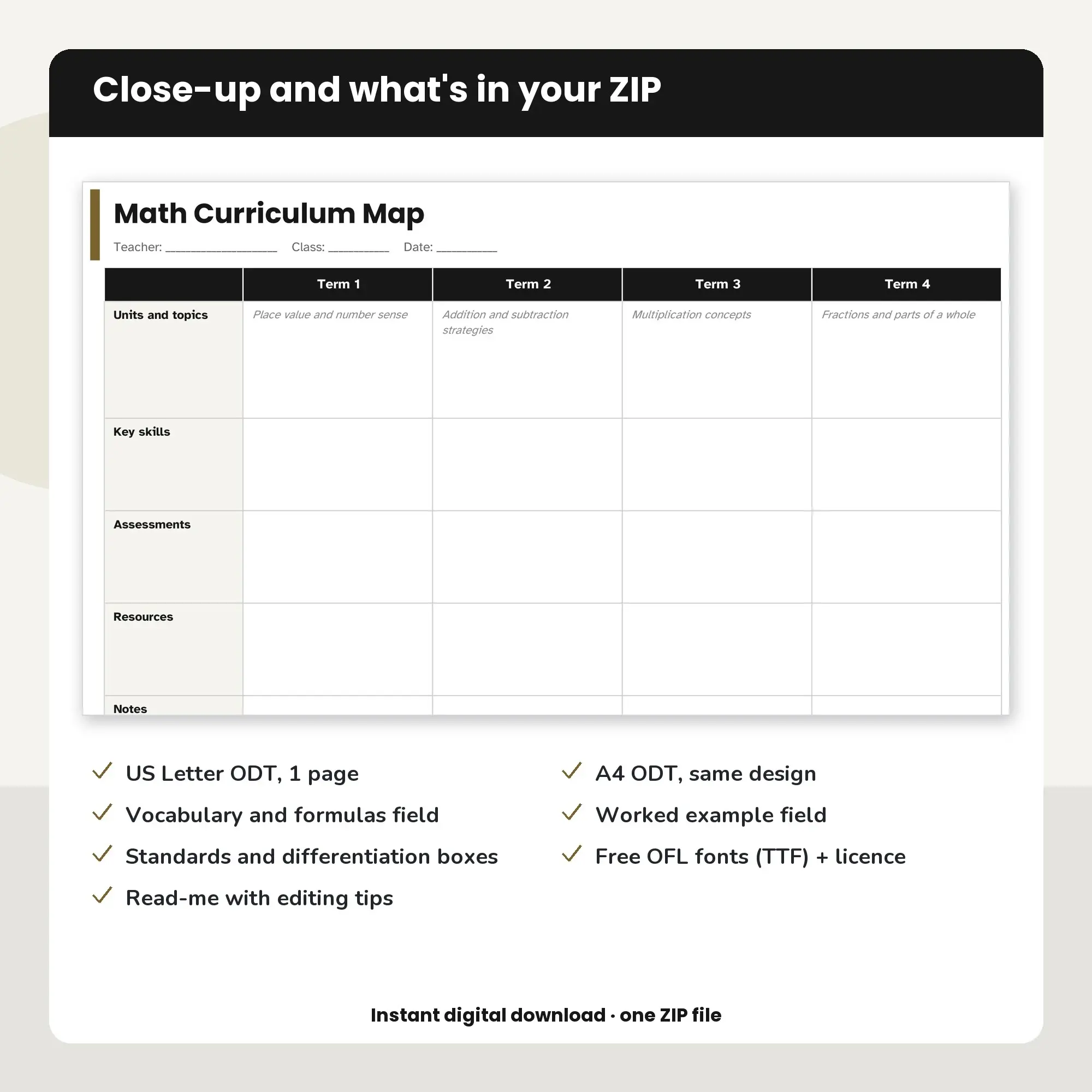 Math Curriculum Map Template (ODT), preview 2 of 2
