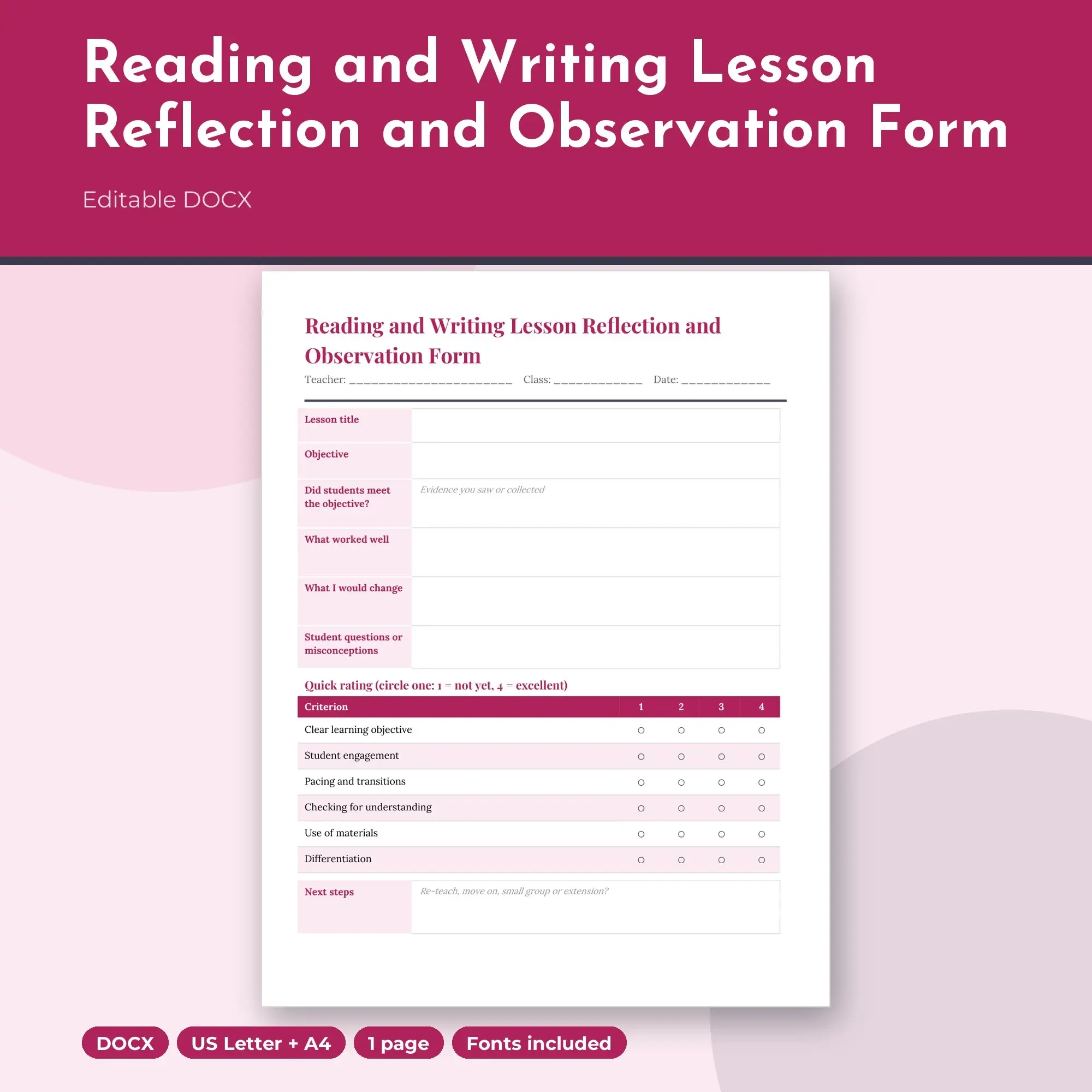 Reading and Writing Lesson Reflection and Observation Form Template (DOCX) preview