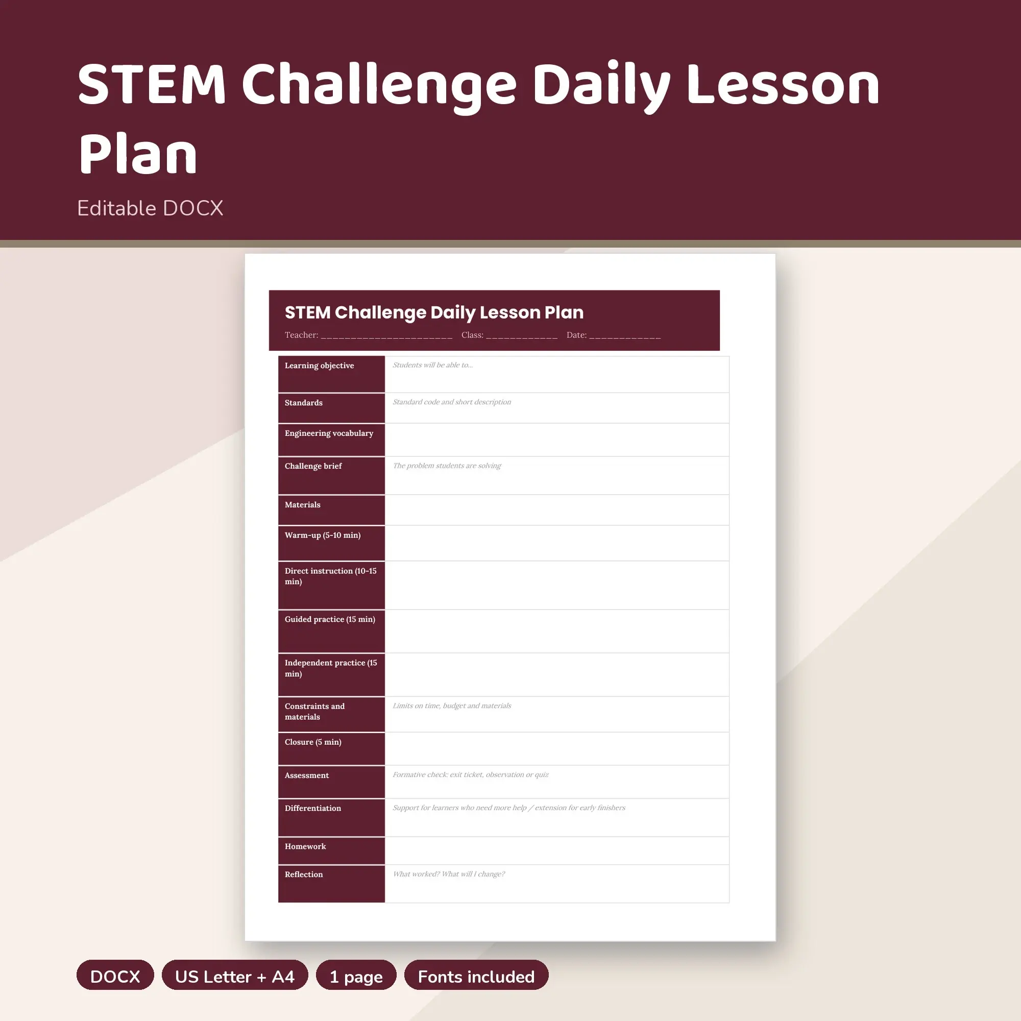 STEM Challenge Daily Lesson Plan Template (DOCX) preview