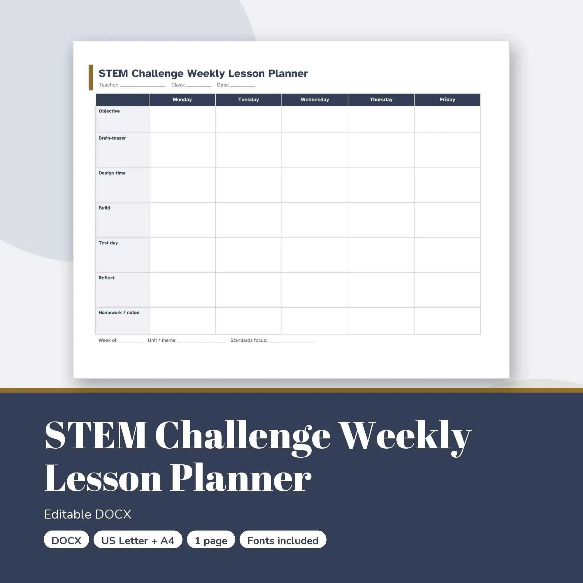 STEM Challenge Weekly Lesson Planner Template (DOCX) preview