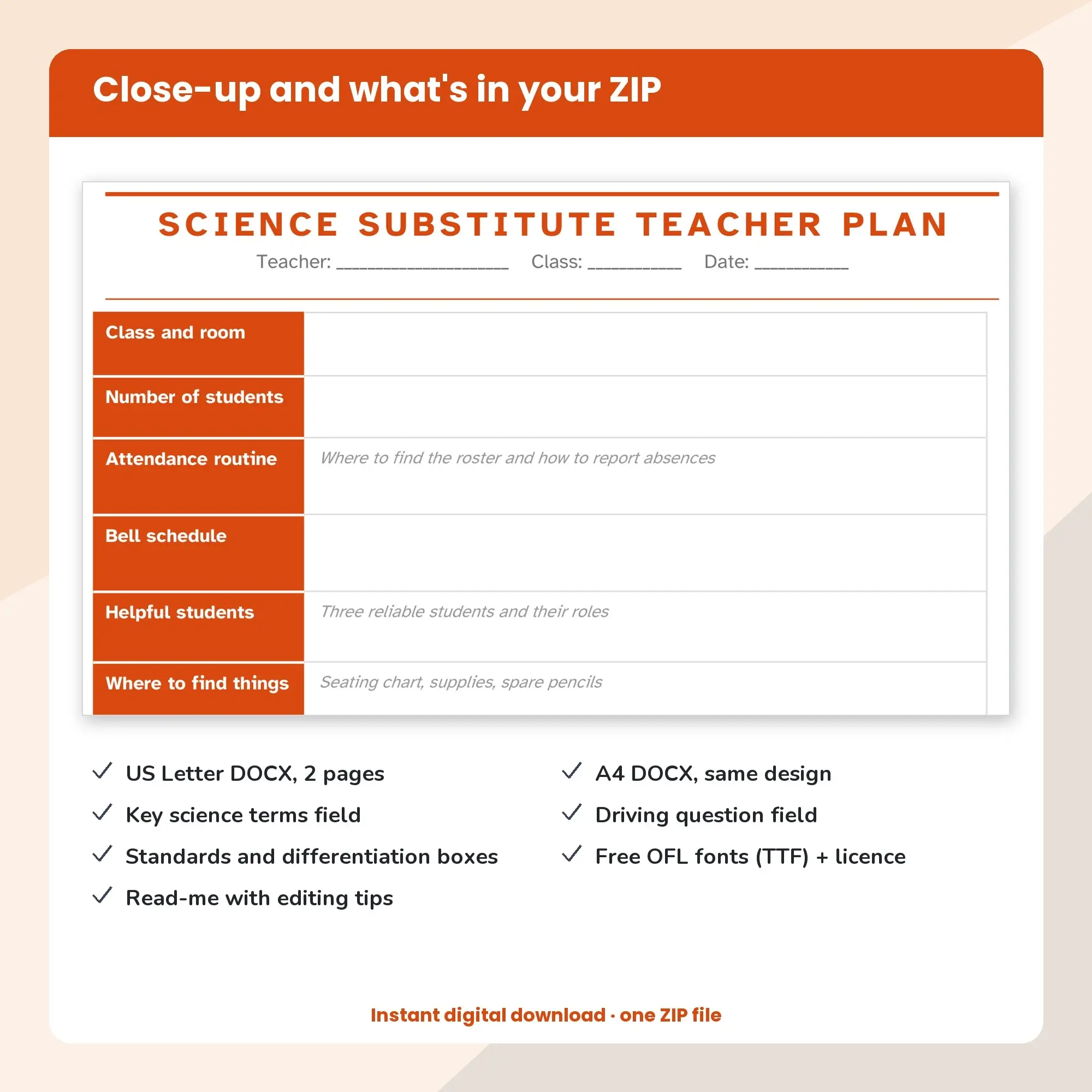 Science Substitute Teacher Plan Template (DOCX), preview 2 of 2