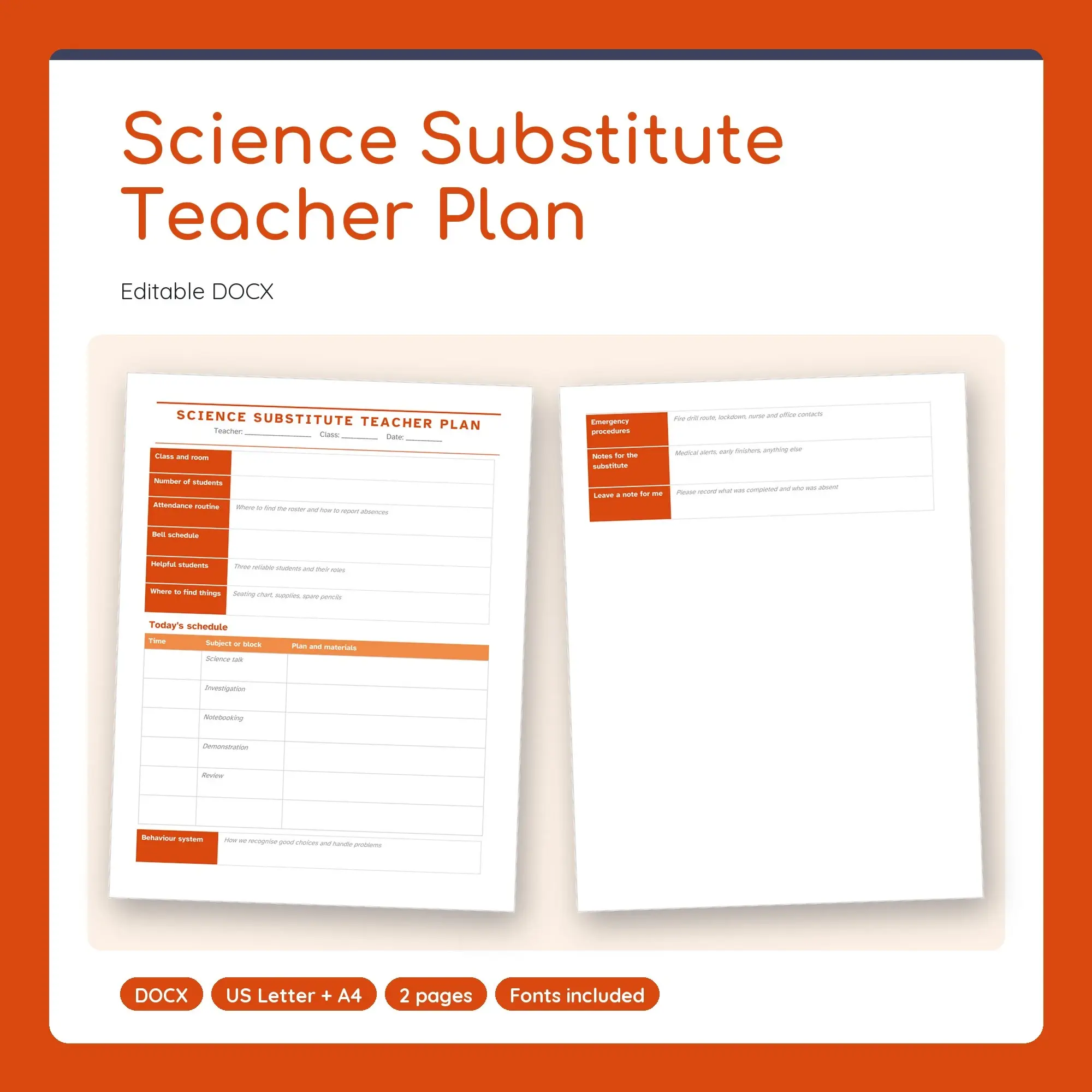 Science Substitute Teacher Plan Template (DOCX) preview