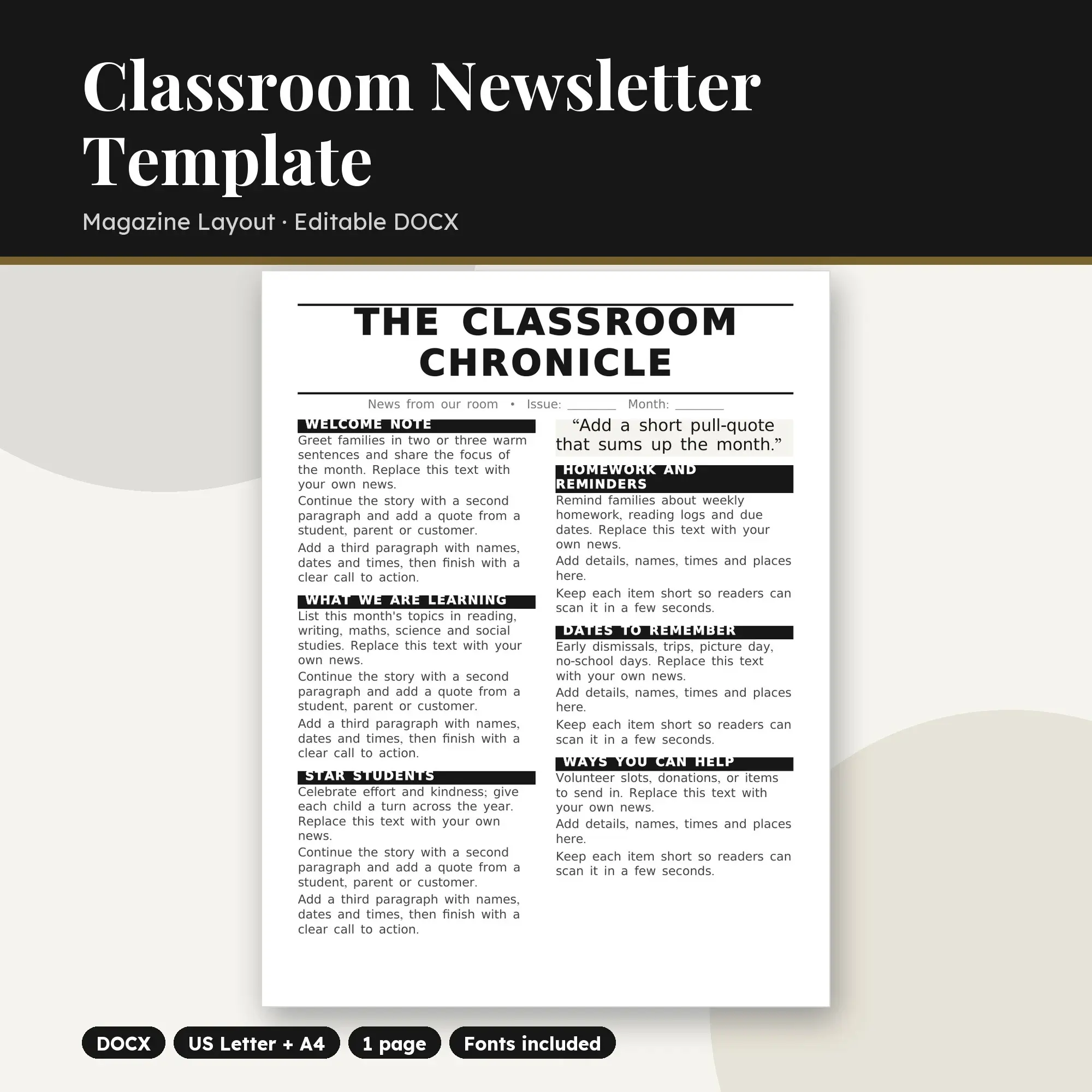 Classroom Newsletter Template, Magazine Layout (DOCX) preview
