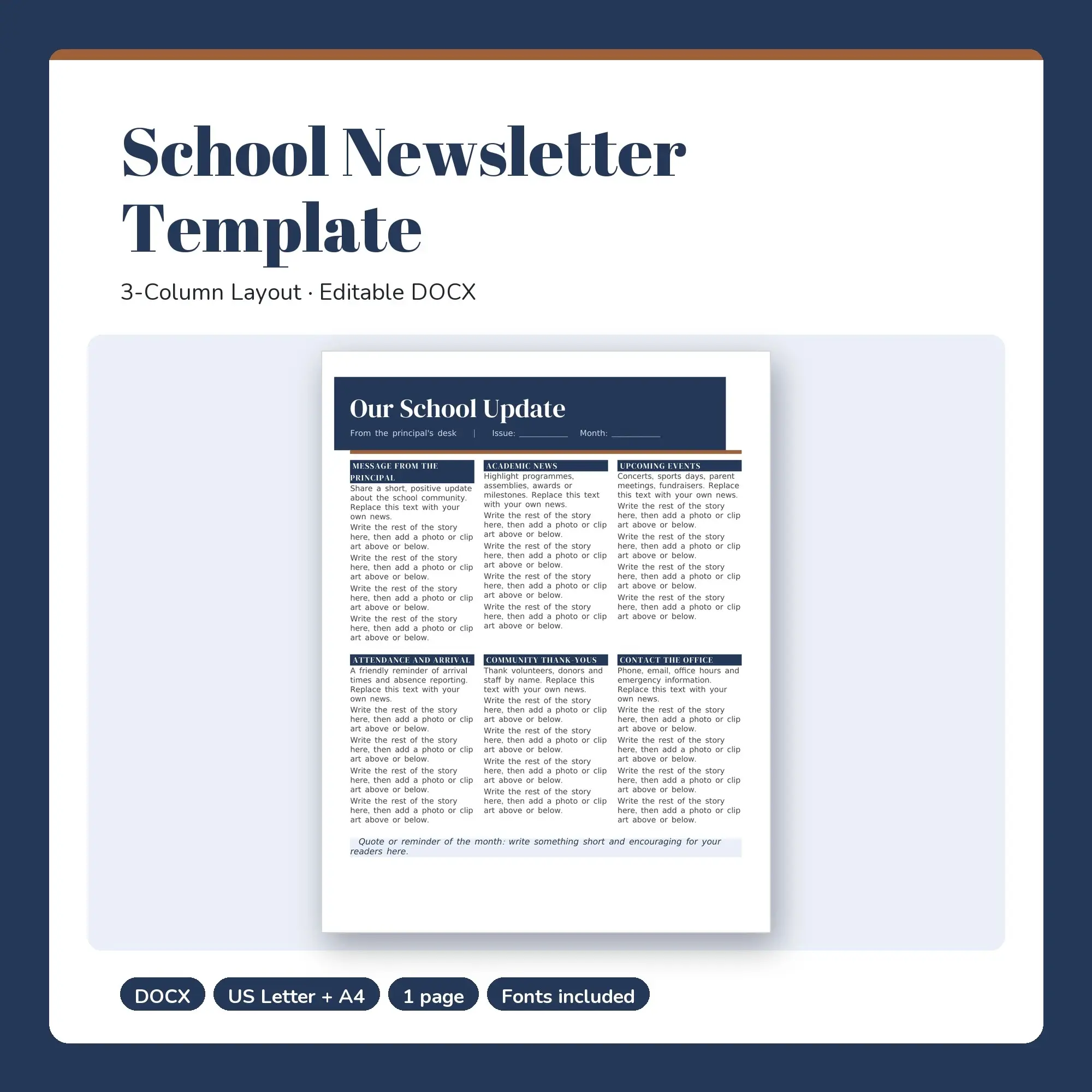 School Newsletter Template, 3-Column Layout (DOCX) preview