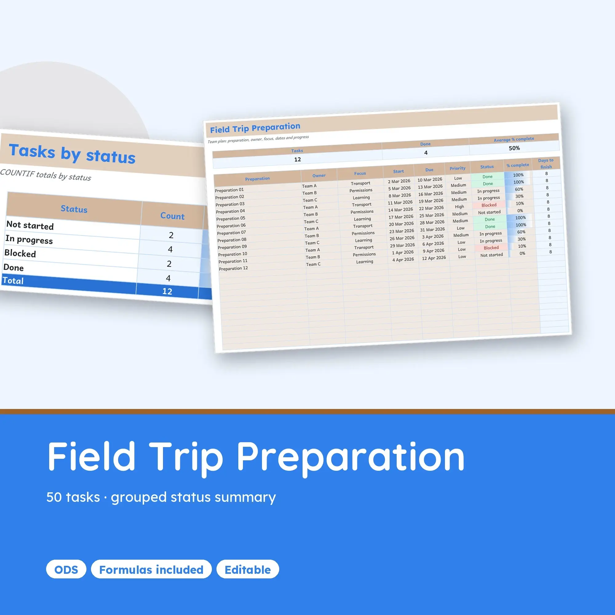 Field Trip Preparation Spreadsheet, Team 50-Row Tracker (ODS) preview