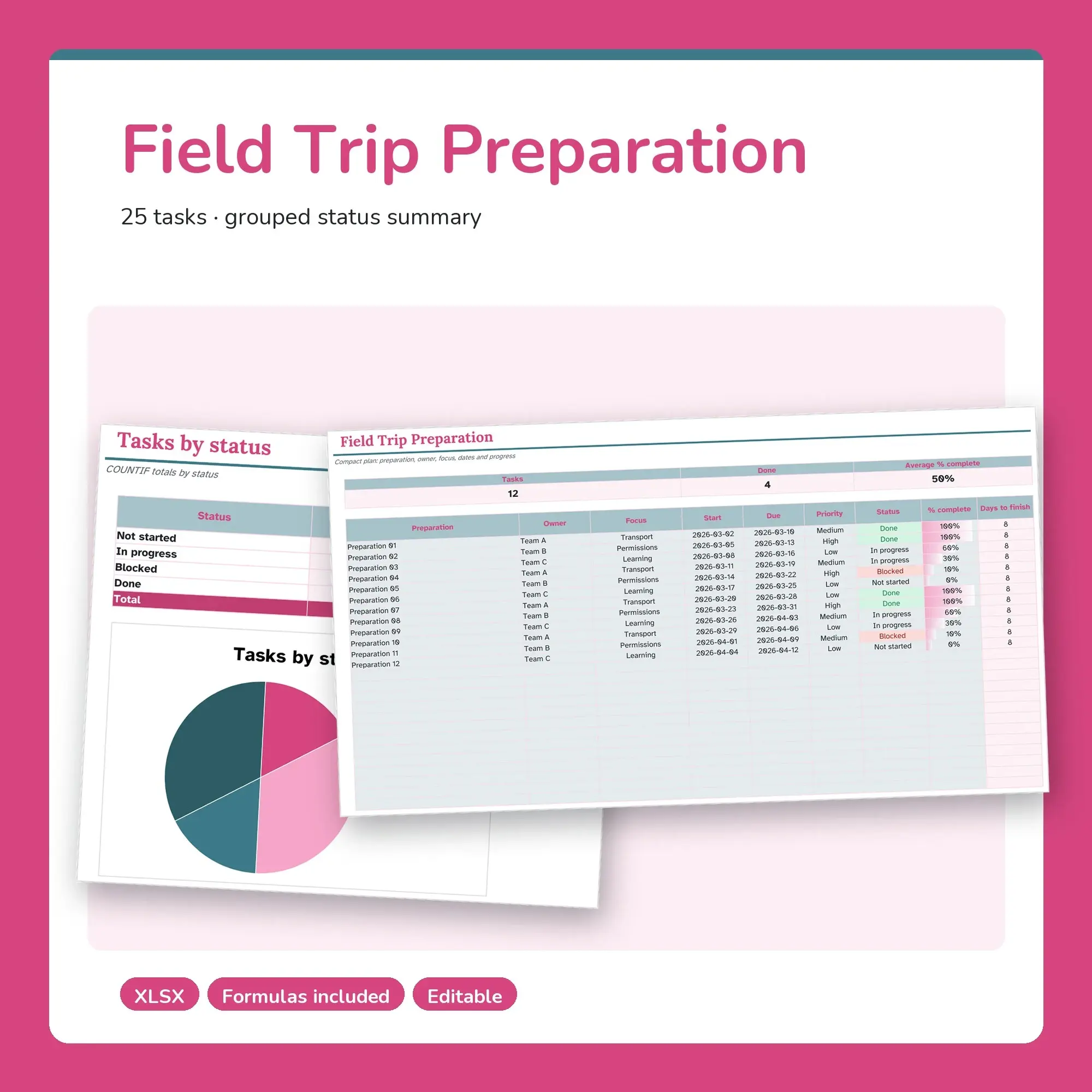 Field Trip Preparation Spreadsheet, Compact 25-Row Tracker (XLSX) preview