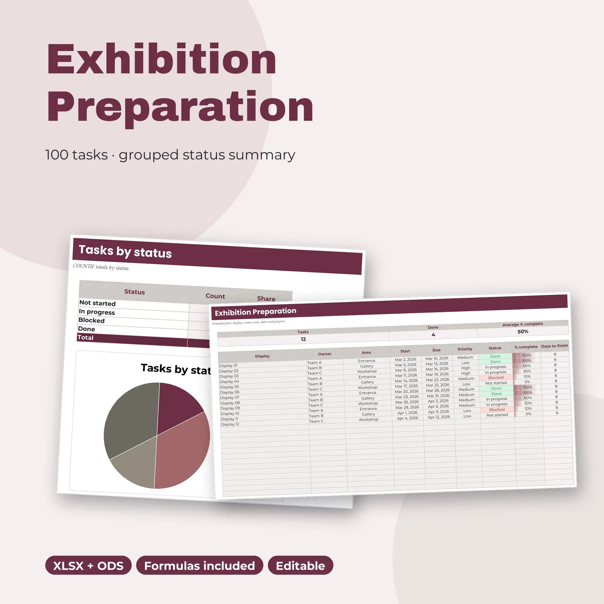 Exhibition Preparation Spreadsheet, Extended 100-Row Tracker (XLSX + ODS) preview