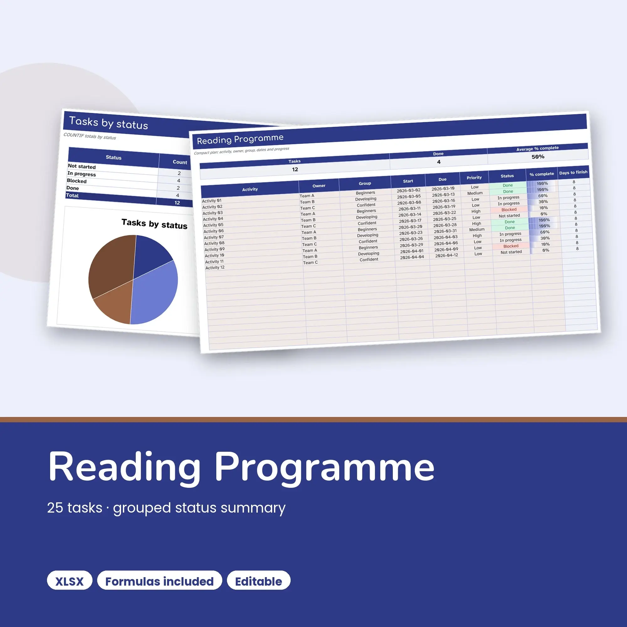 Reading Programme Spreadsheet, Compact 25-Row Tracker (XLSX) preview