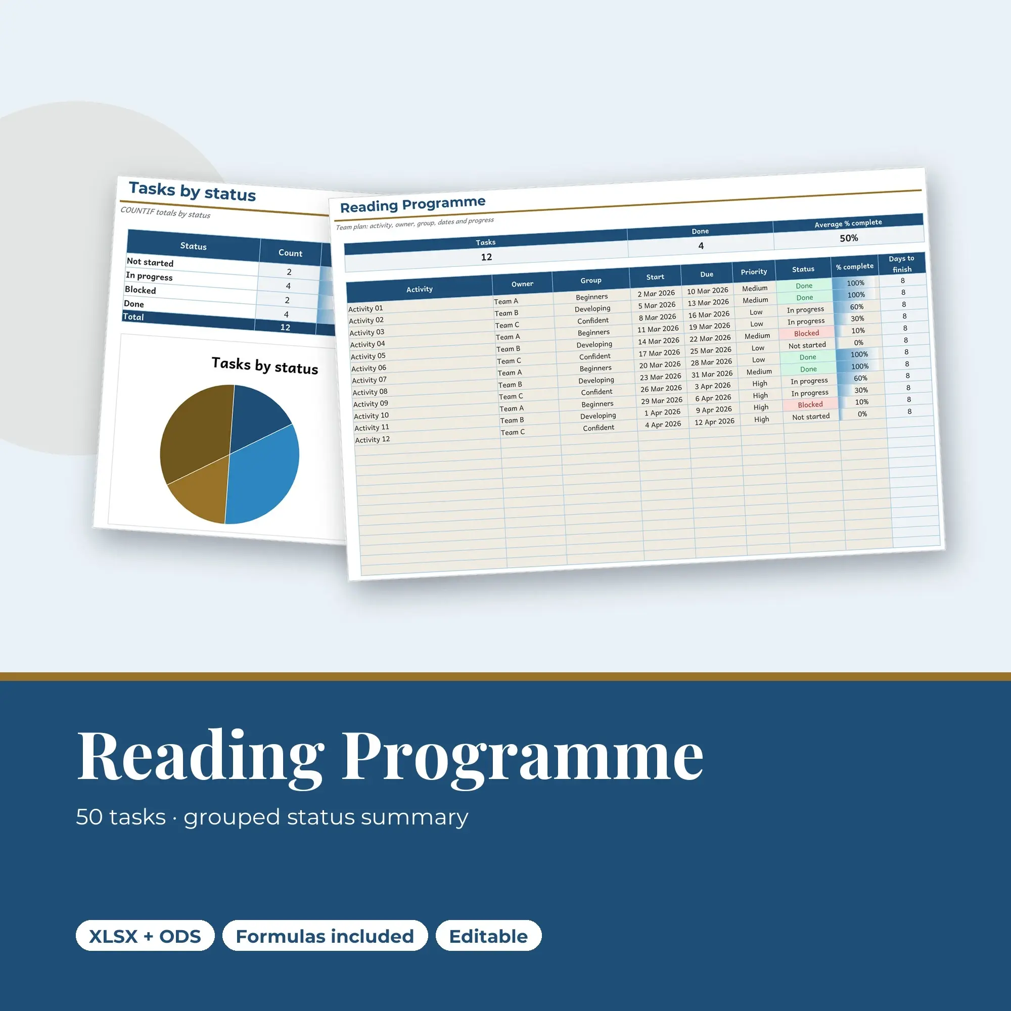 Reading Programme Spreadsheet, Team 50-Row Tracker (XLSX + ODS) preview