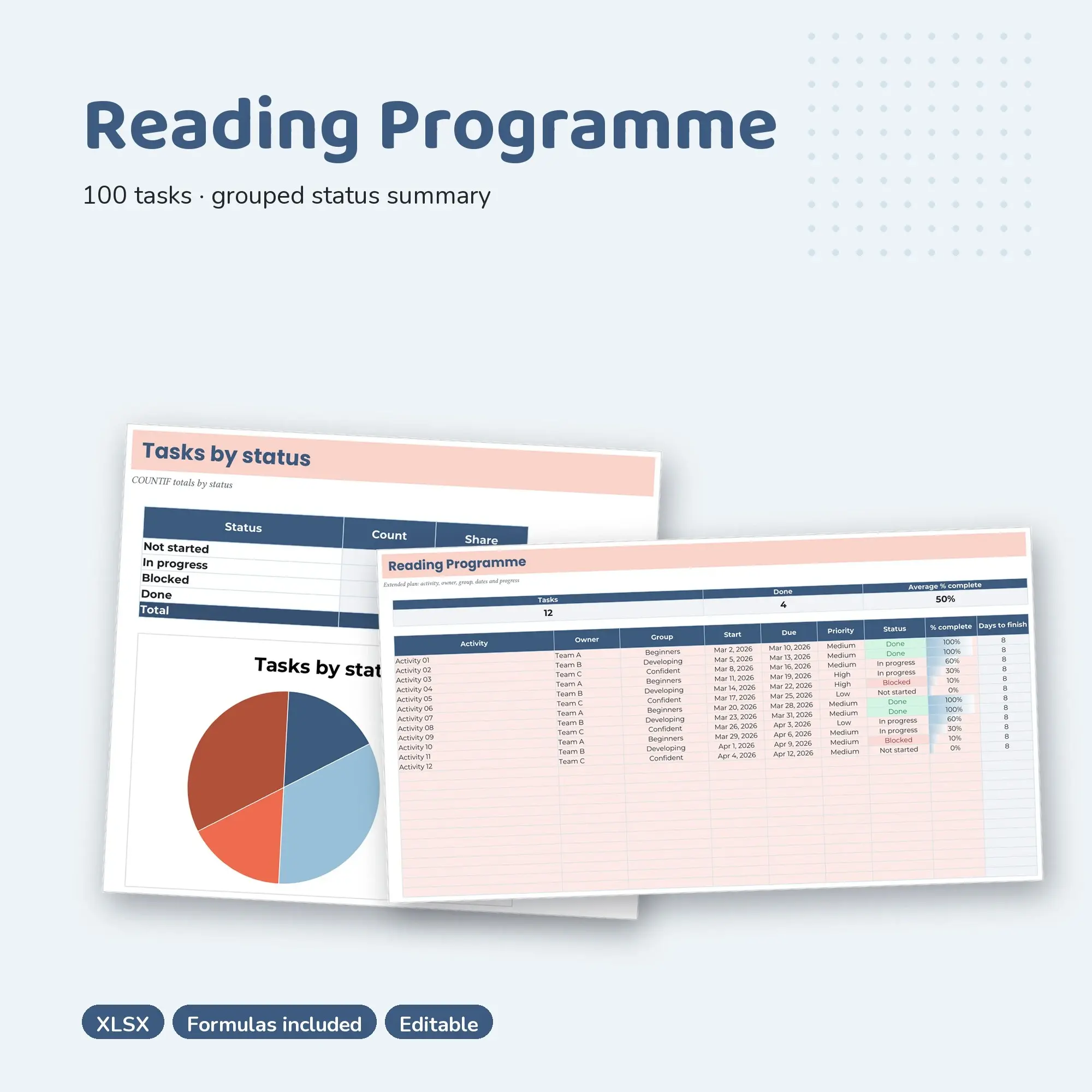 Reading Programme Spreadsheet, Extended 100-Row Tracker (XLSX) preview