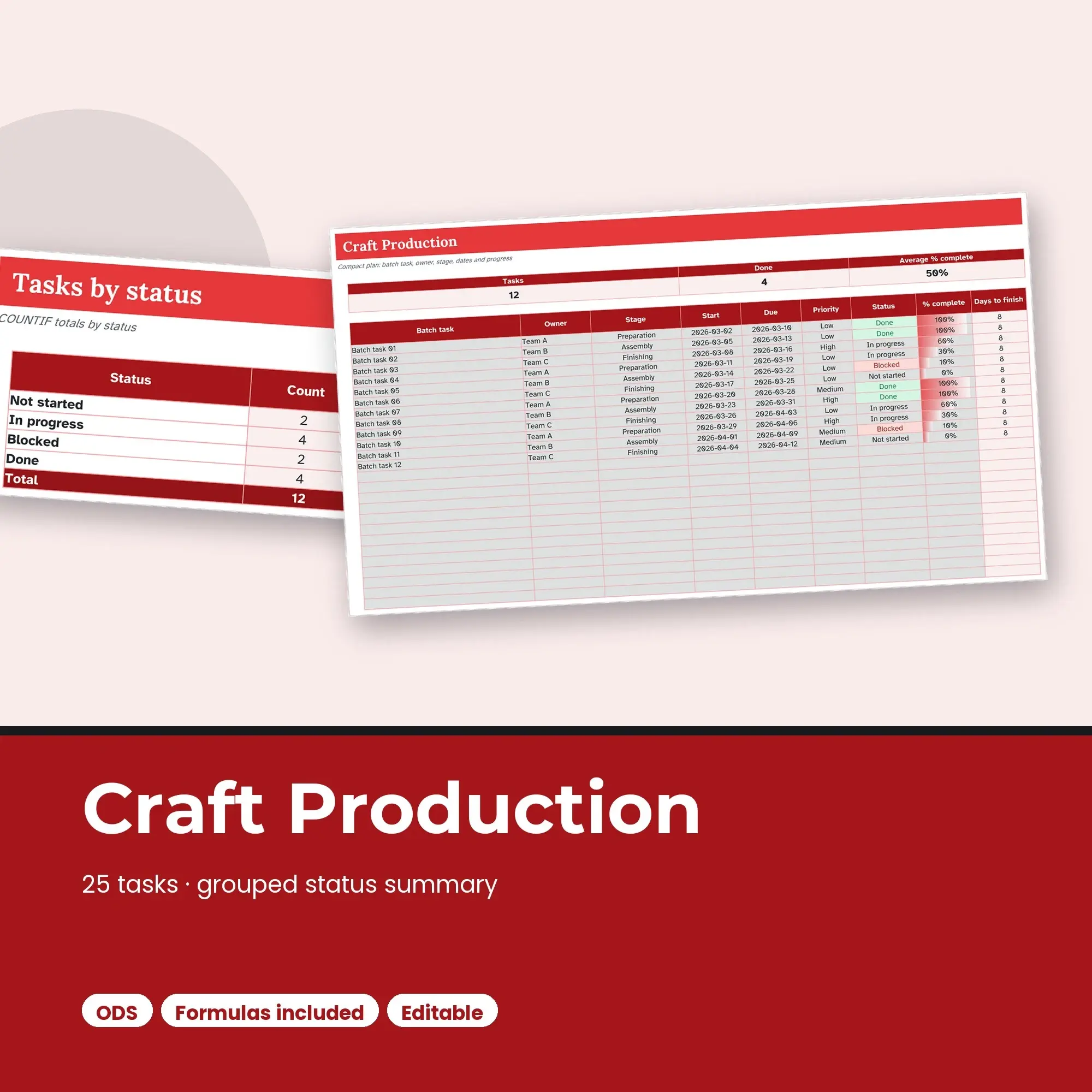 Craft Production Spreadsheet, Compact 25-Row Tracker (ODS) preview