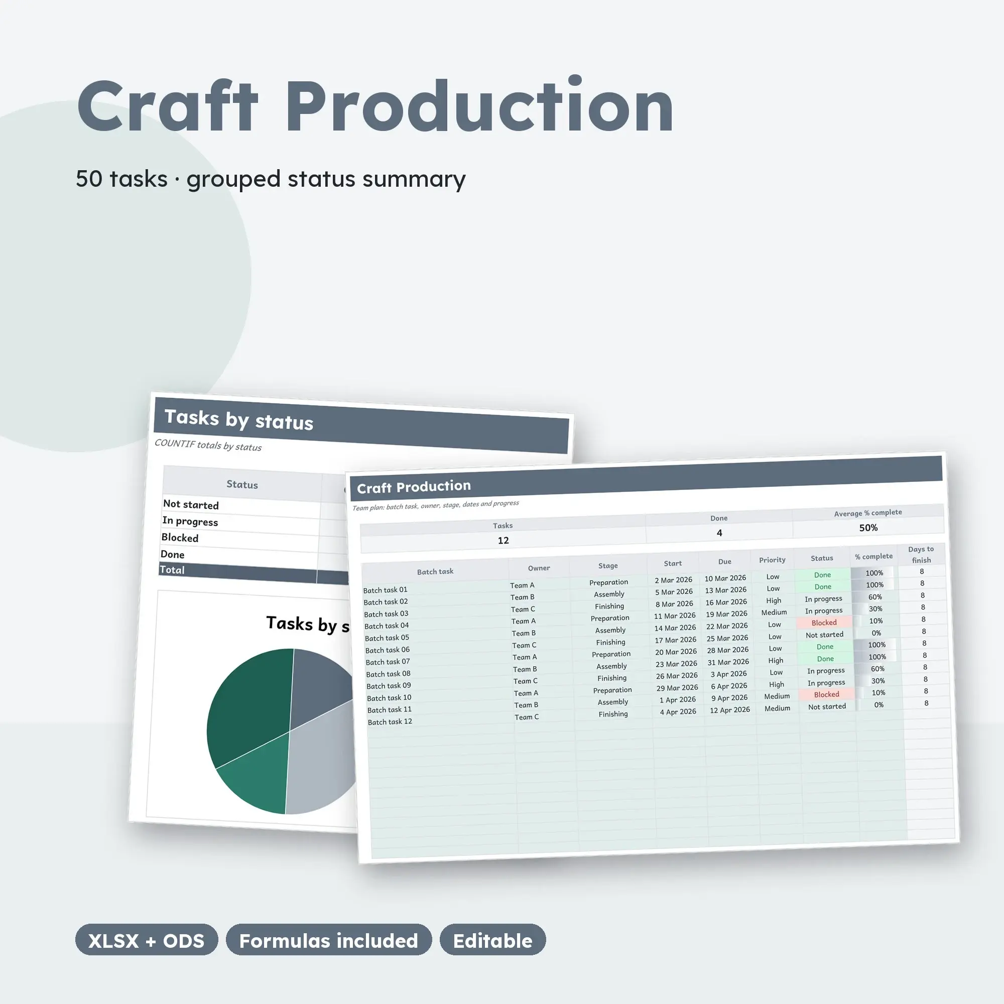 Craft Production Spreadsheet, Team 50-Row Tracker (XLSX + ODS) preview